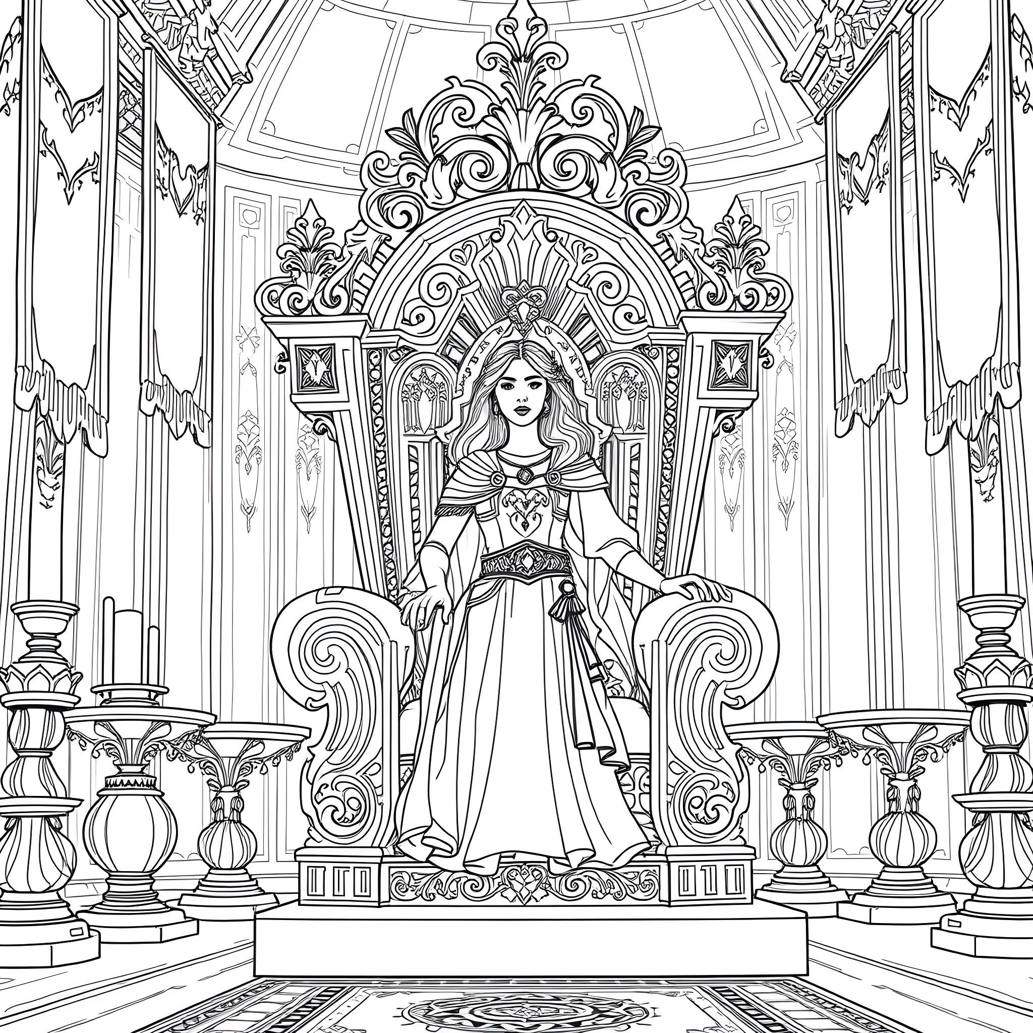Caitlin Clark in a majestic throne room Coloring Page (free black-and-white line drawing printable PDF for all, from beginners to advanced learners, including children, teens, adults, and seniors)