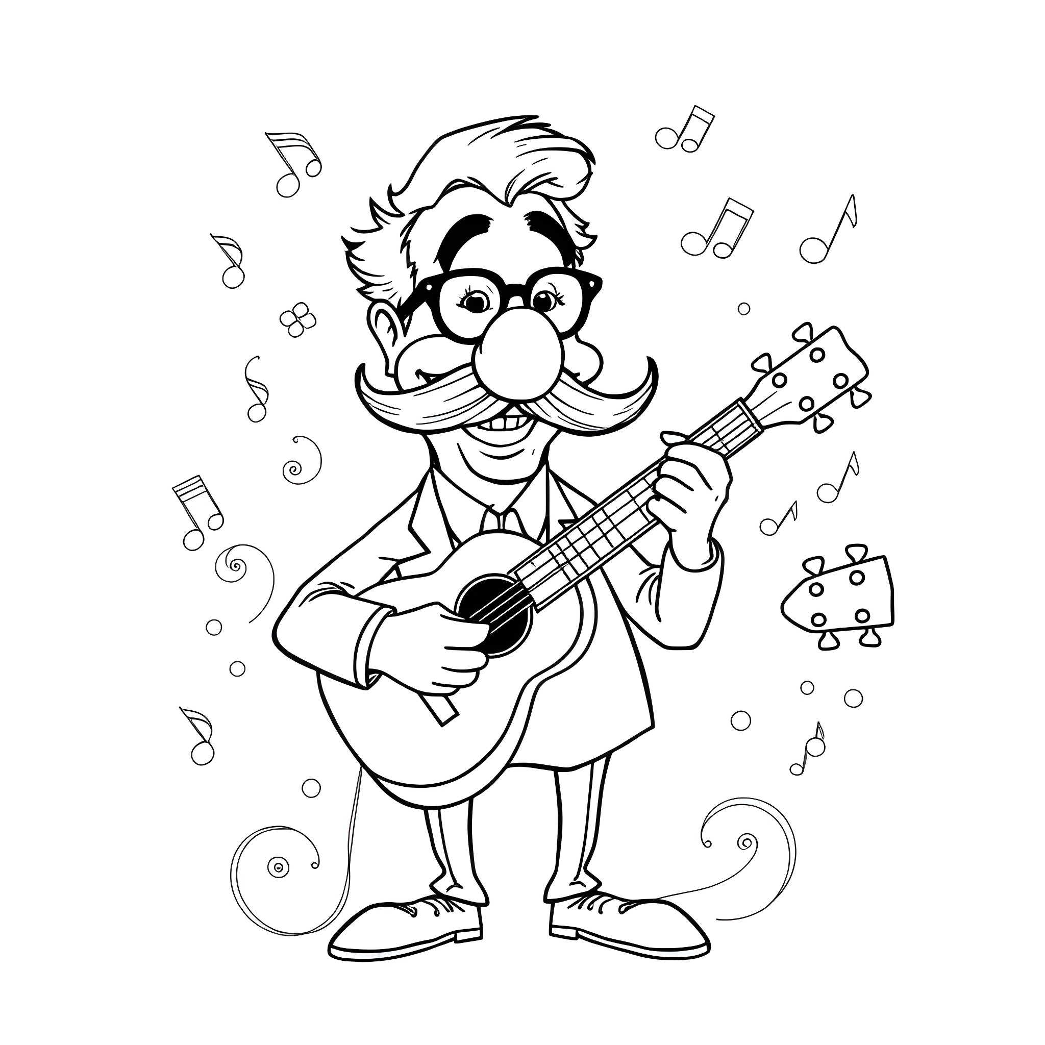Groucho Marx playing a guitar with musical notes Coloring Page (free black-and-white line drawing printable PDF for all, from beginners to advanced learners, including children, teens, adults, and seniors)