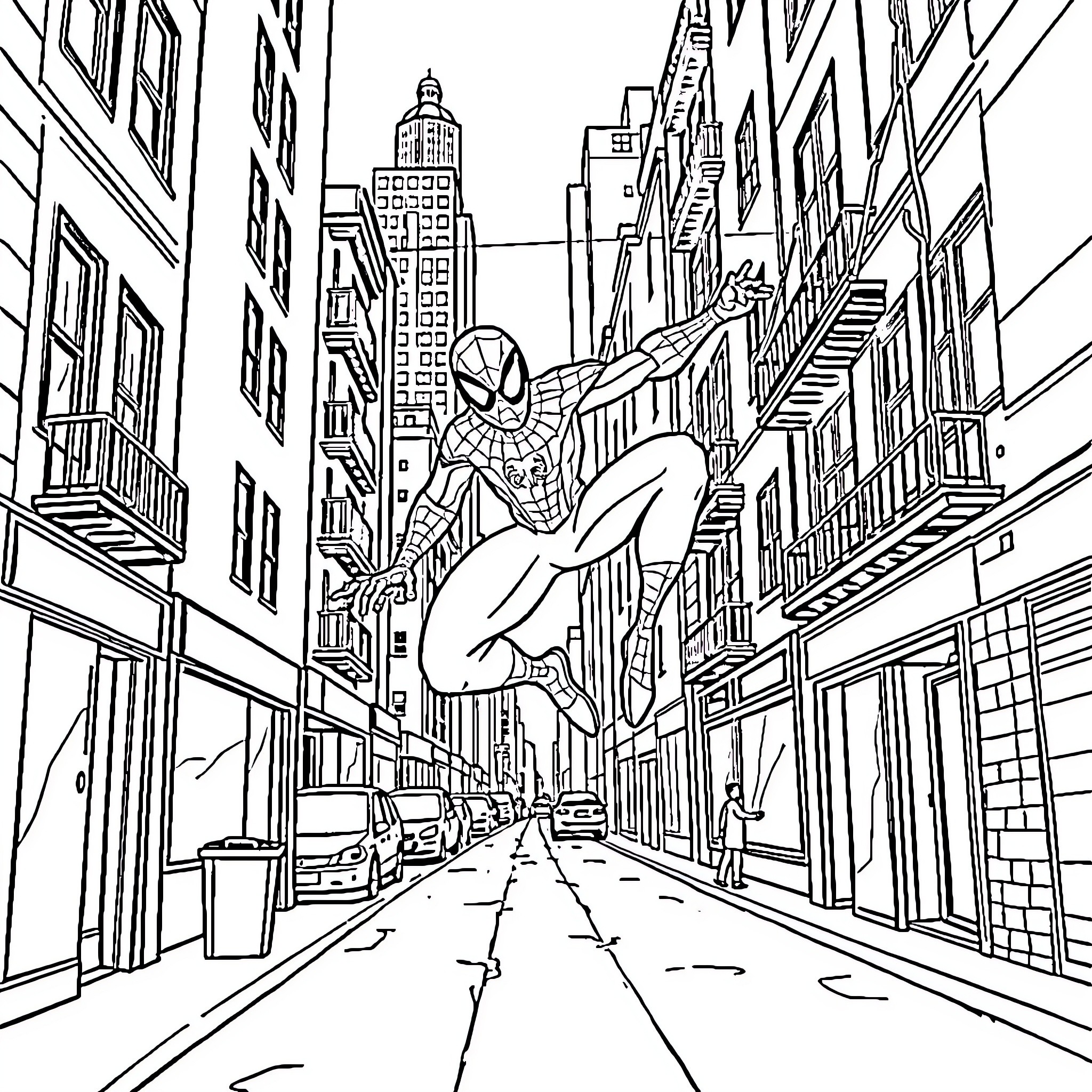 Spiderman swinging through the city streets Coloring Page (free black-and-white line drawing printable PDF for all, from beginners to advanced learners, including children, teens, adults, and seniors)