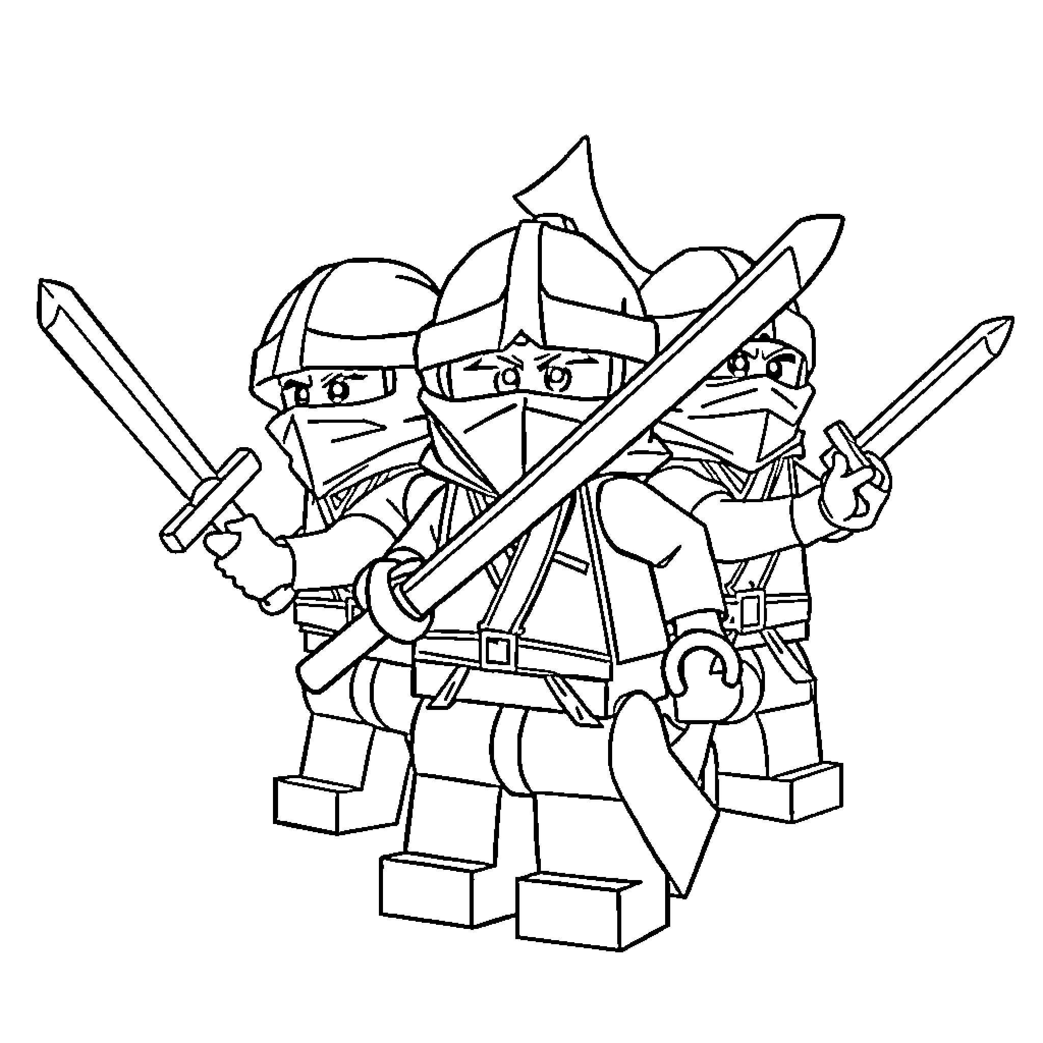 Ninjago warriors in action with ninja weapons Coloring Page (free black-and-white line drawing printable PDF for all, from beginners to advanced learners, including children, teens, adults, and seniors)