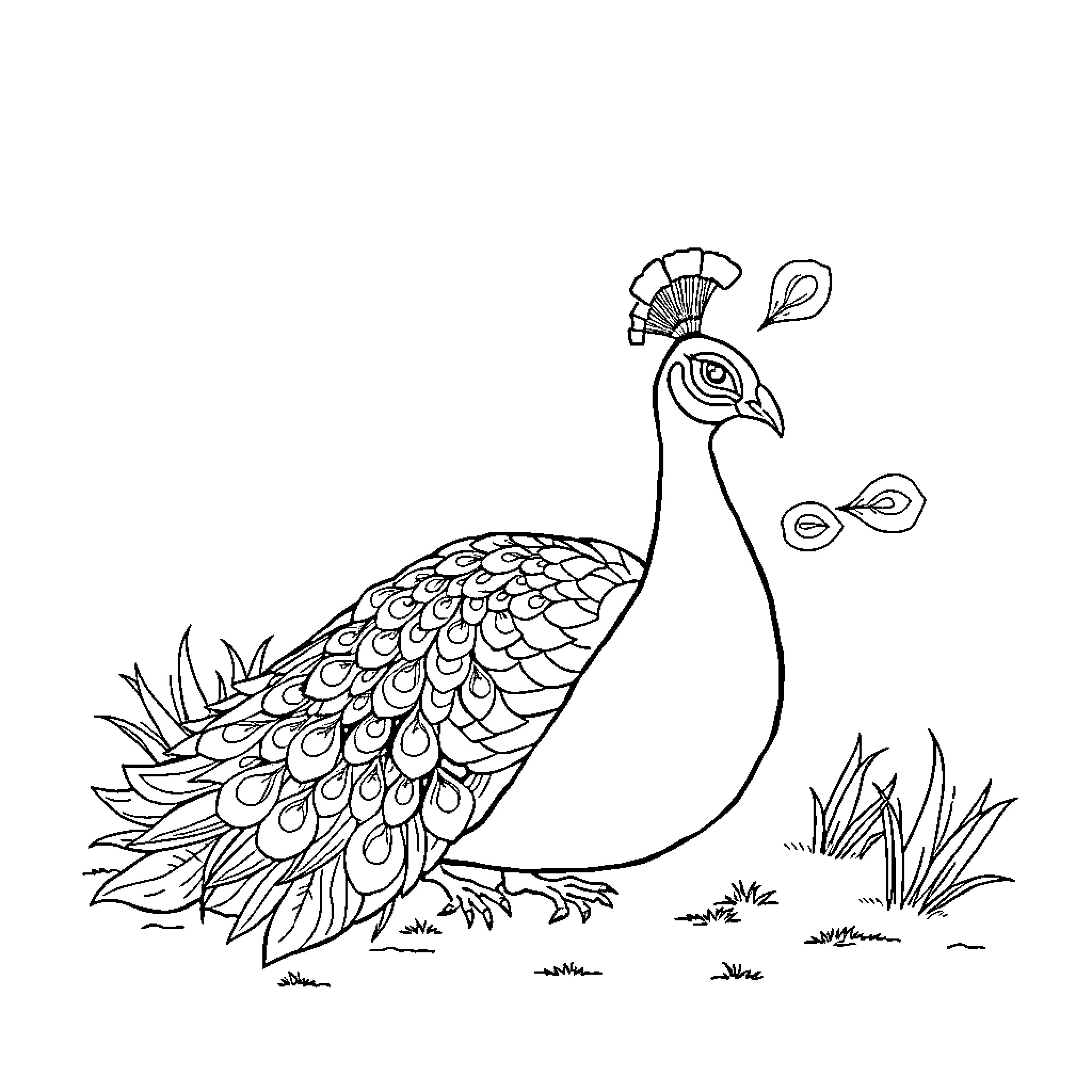 Peacock displaying its vibrant feathers Coloring Page (free black-and-white line drawing printable PDF for all, from beginners to advanced learners, including children, teens, adults, and seniors)