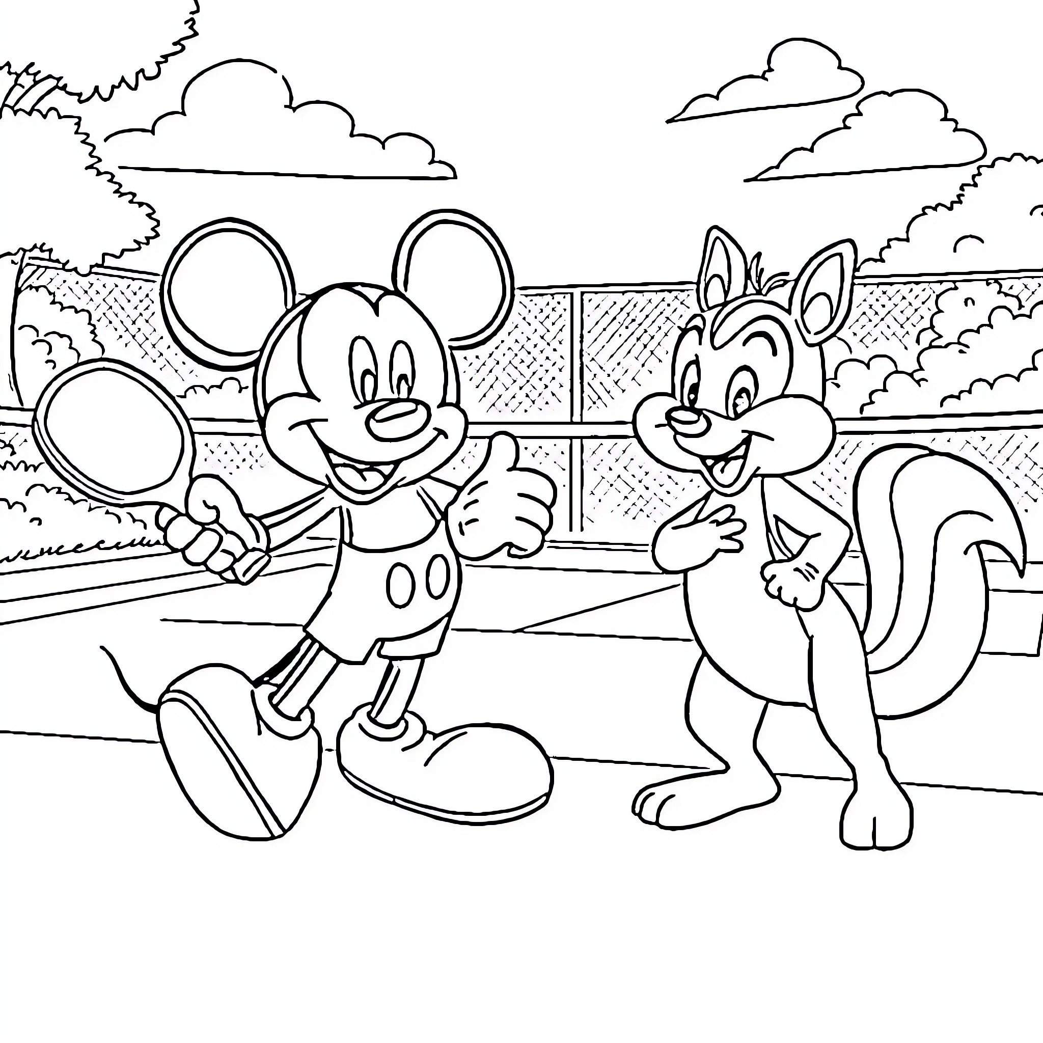 Mickey Mouse and Squirrel Enjoying a Park Adventure Coloring Page (free black-and-white line drawing printable PDF for all, from beginners to advanced learners, including children, teens, adults, and seniors)
