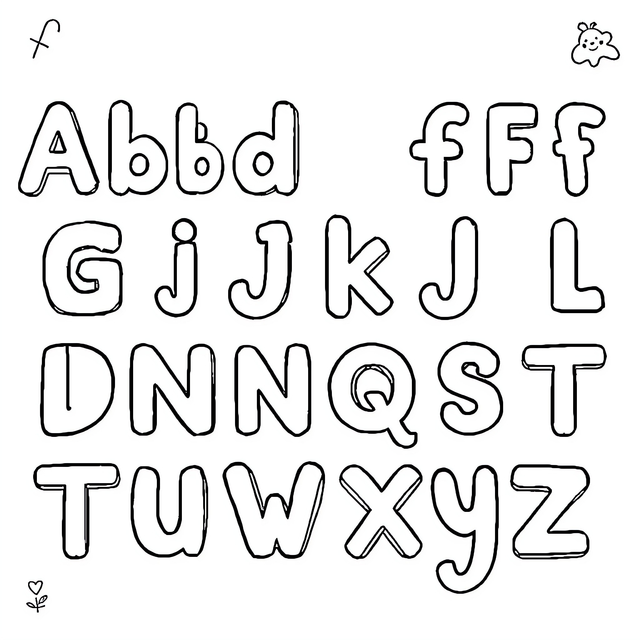 Alphabet letters in playful hand-drawn style Coloring Page (free black-and-white line drawing printable PDF for all, from beginners to advanced learners, including children, teens, adults, and seniors)