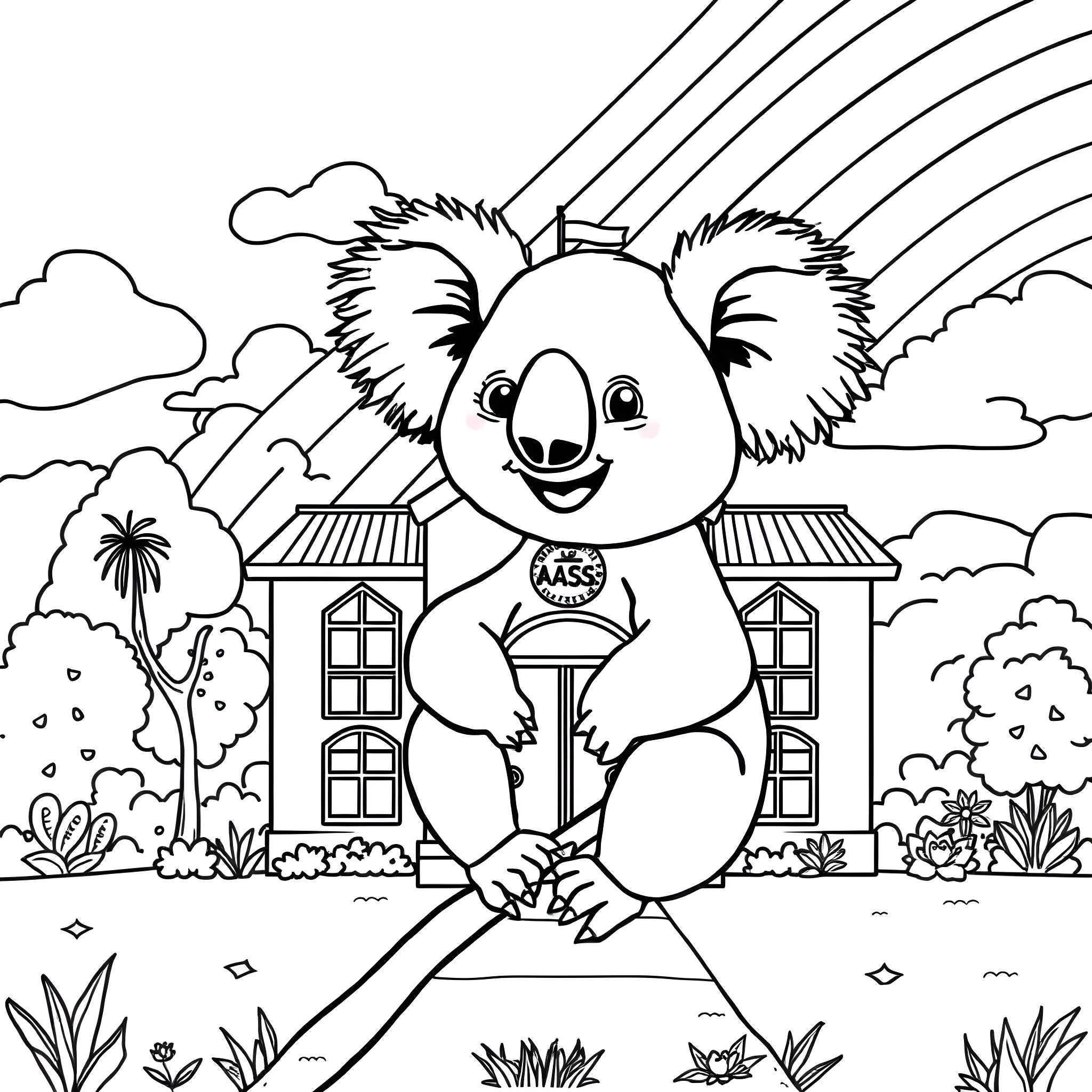Koala sitting happily in a scenic landscape Coloring Page (free black-and-white line drawing printable PDF for all, from beginners to advanced learners, including children, teens, adults, and seniors)