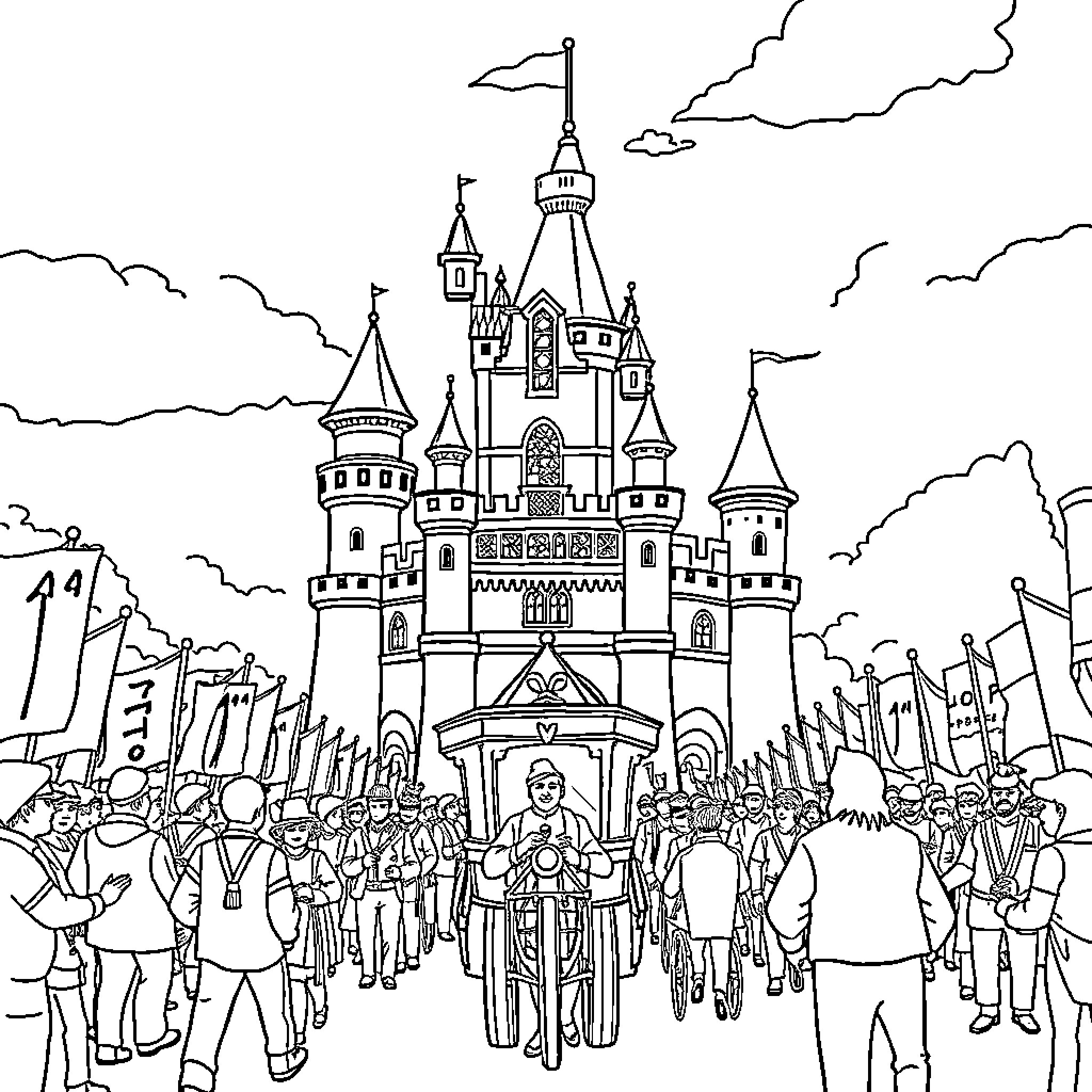 Castle with Crowd Gathering Outside Coloring Page (free black-and-white line drawing printable PDF for all, from beginners to advanced learners, including children, teens, adults, and seniors)