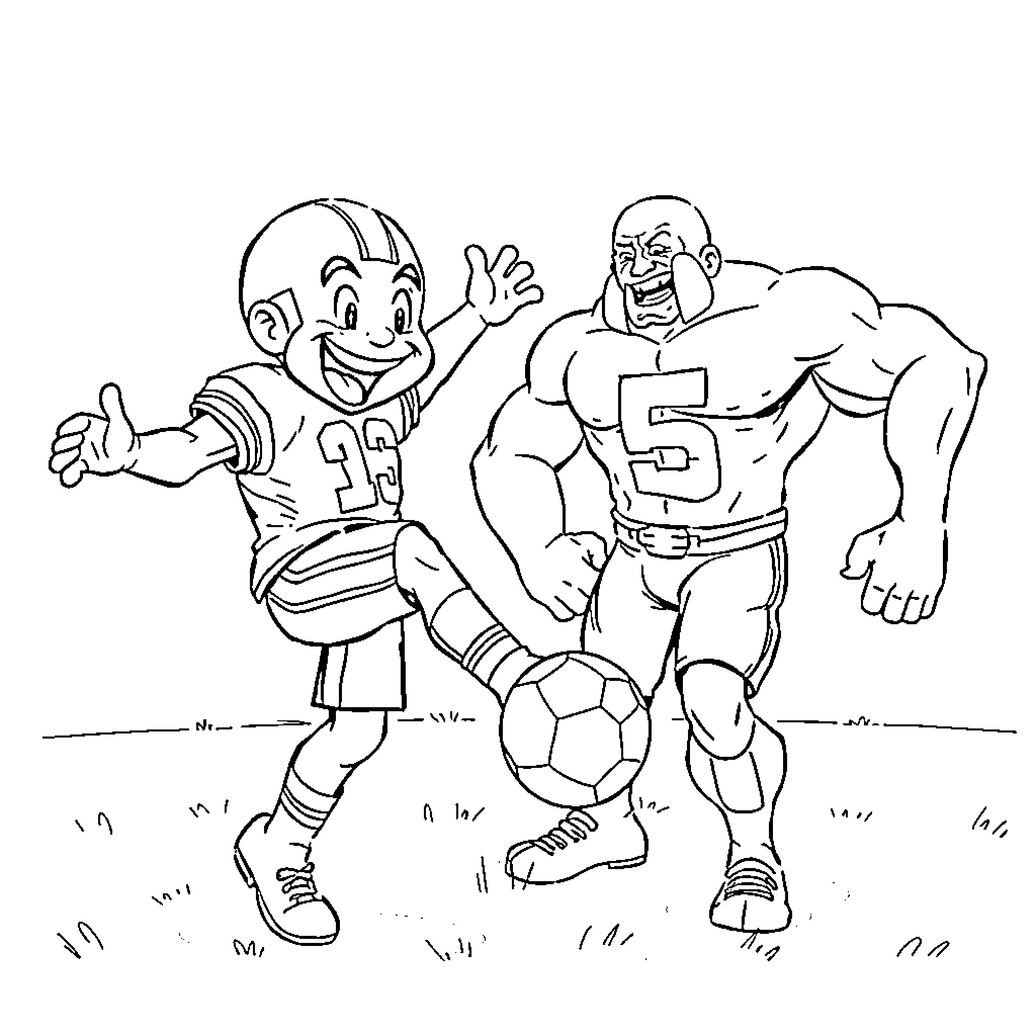 Bluey and his teammate on the soccer field Coloring Page (free black-and-white line drawing printable PDF for all, from beginners to advanced learners, including children, teens, adults, and seniors)