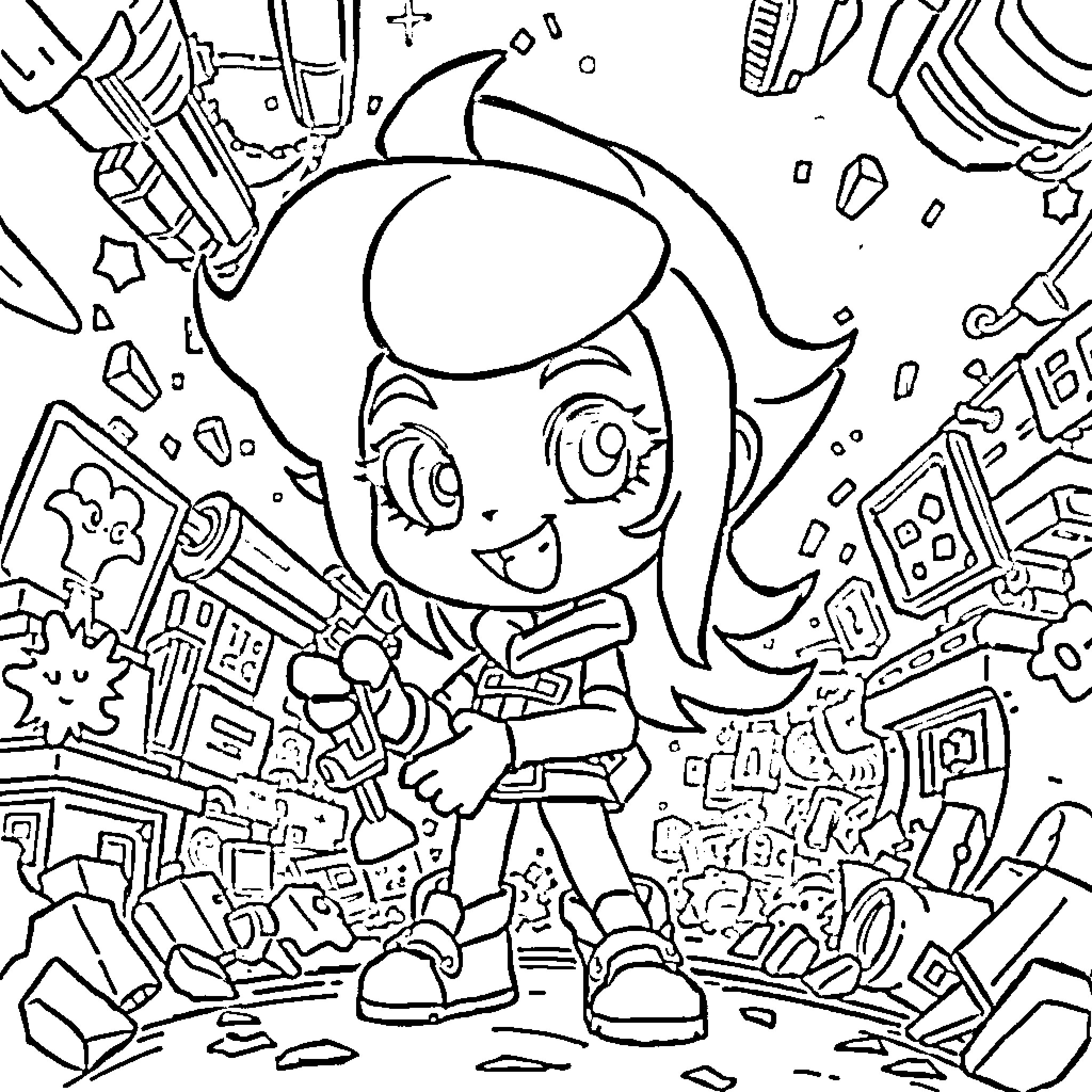 Violet's Exciting Adventure in the Colorful City Coloring Page (free black-and-white line drawing printable PDF for all, from beginners to advanced learners, including children, teens, adults, and seniors)