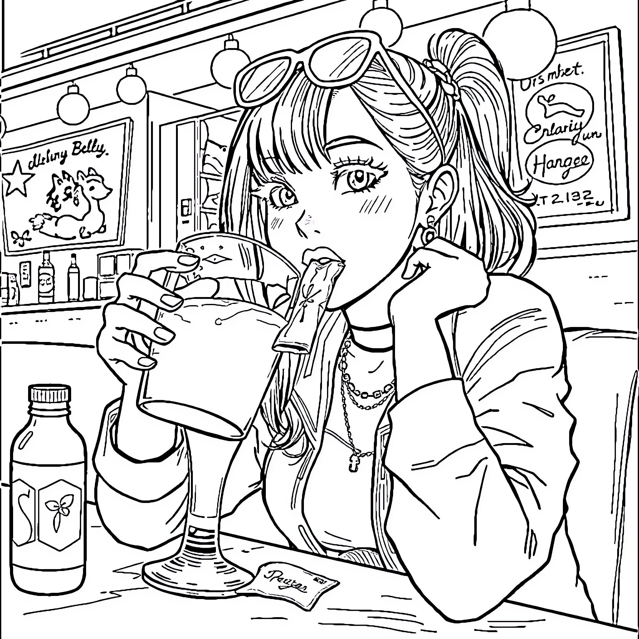 Girl enjoying a milkshake in a retro diner setting Coloring Page (free black-and-white line drawing printable PDF for all, from beginners to advanced learners, including children, teens, adults, and seniors)