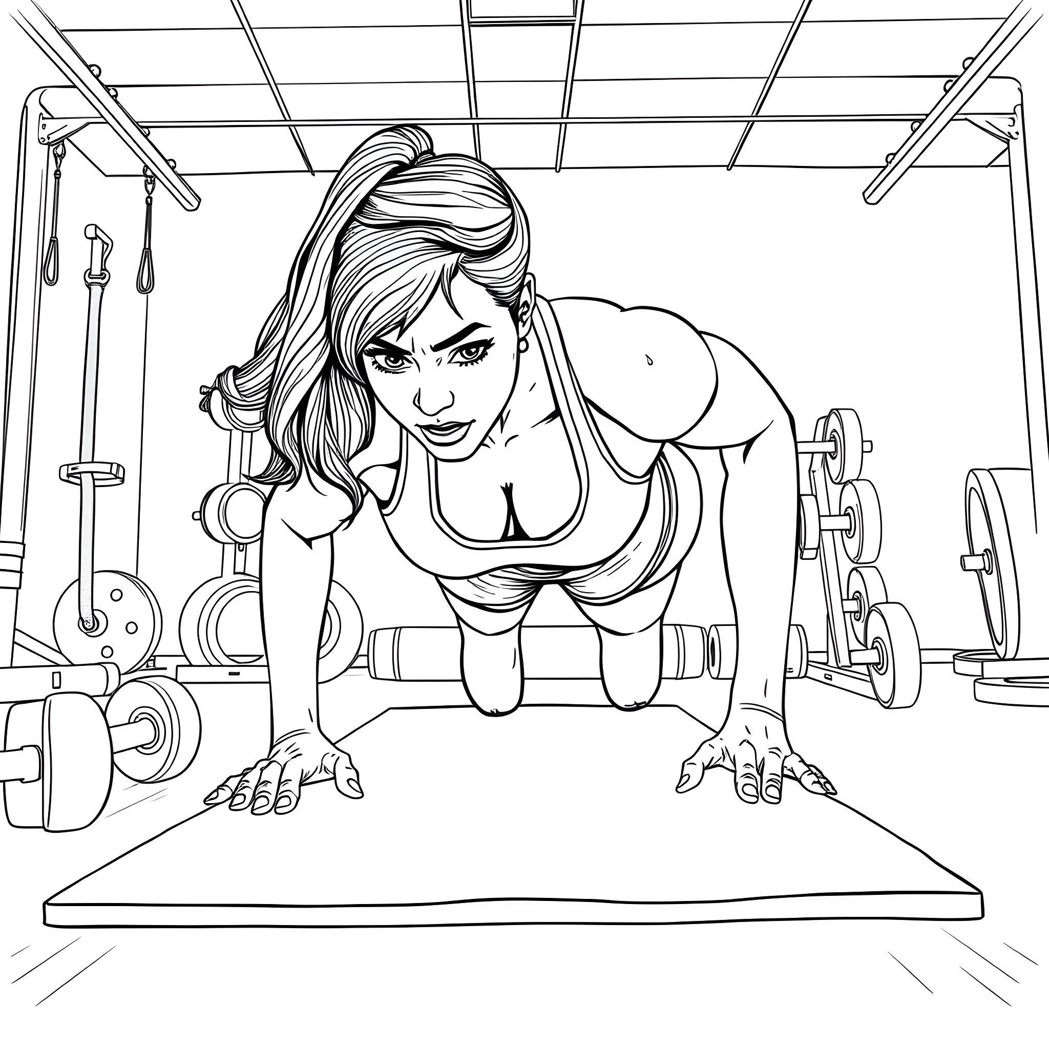 Woman Exercising Intensely in a Fitness Gym Coloring Page (free black-and-white line drawing printable PDF for all, from beginners to advanced learners, including children, teens, adults, and seniors)