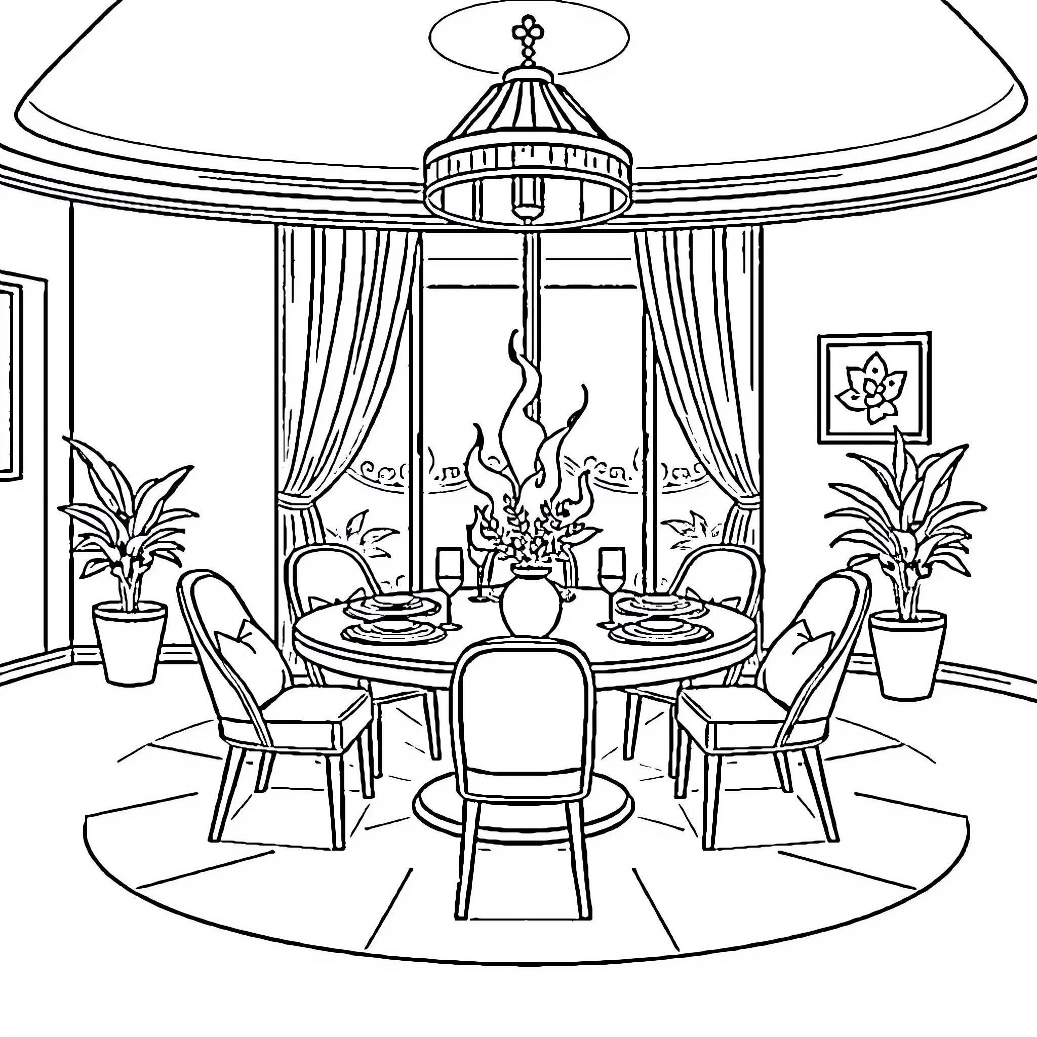 Makan Gathering in Elegant Dining Room Coloring Page (free black-and-white line drawing printable PDF for all, from beginners to advanced learners, including children, teens, adults, and seniors)