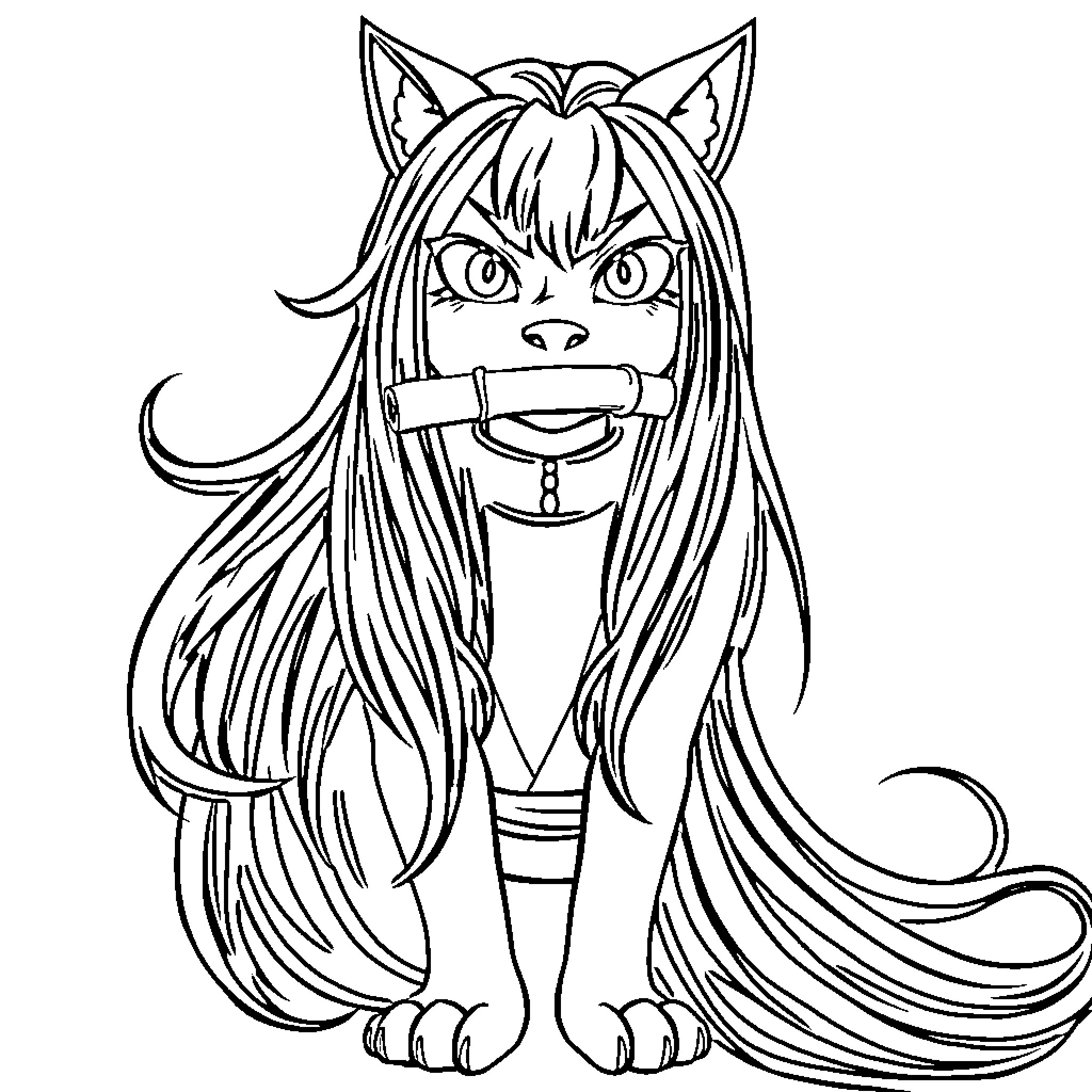 Nezuko in thoughtful expression with long hair Coloring Page (free black-and-white line drawing printable PDF for all, from beginners to advanced learners, including children, teens, adults, and seniors)