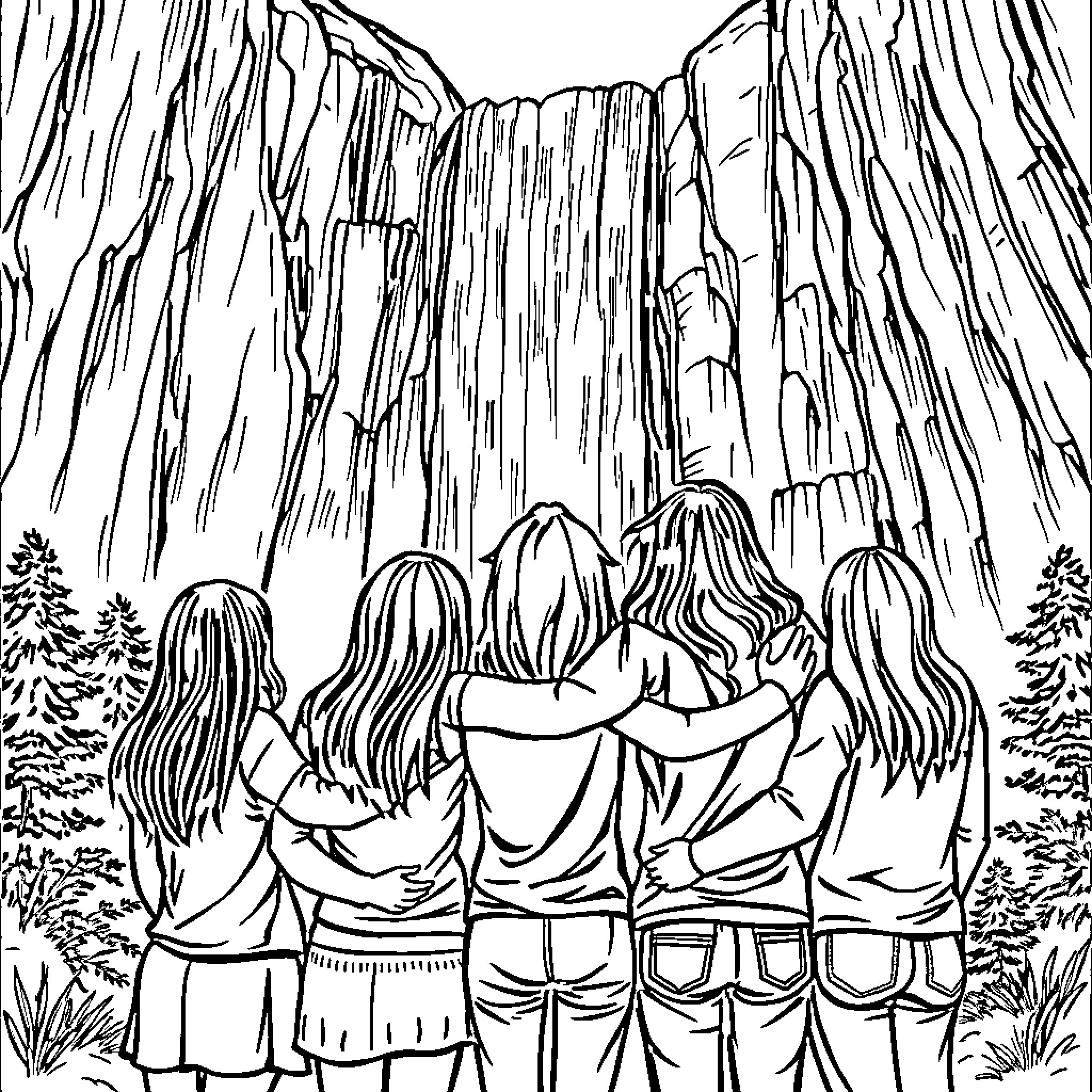 Person enjoying the scenic waterfall with friends Coloring Page (free black-and-white line drawing printable PDF for all, from beginners to advanced learners, including children, teens, adults, and seniors)