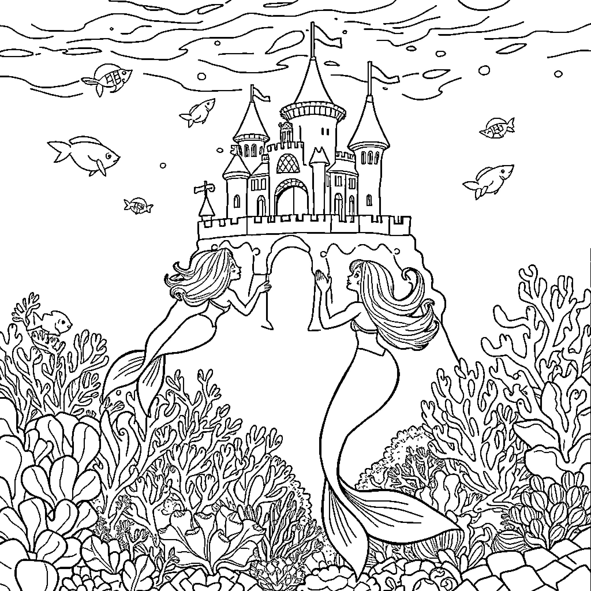 Mermaid Palace Enchantment Coloring Page (free black-and-white line drawing printable PDF for all, from beginners to advanced learners, including children, teens, adults, and seniors)
