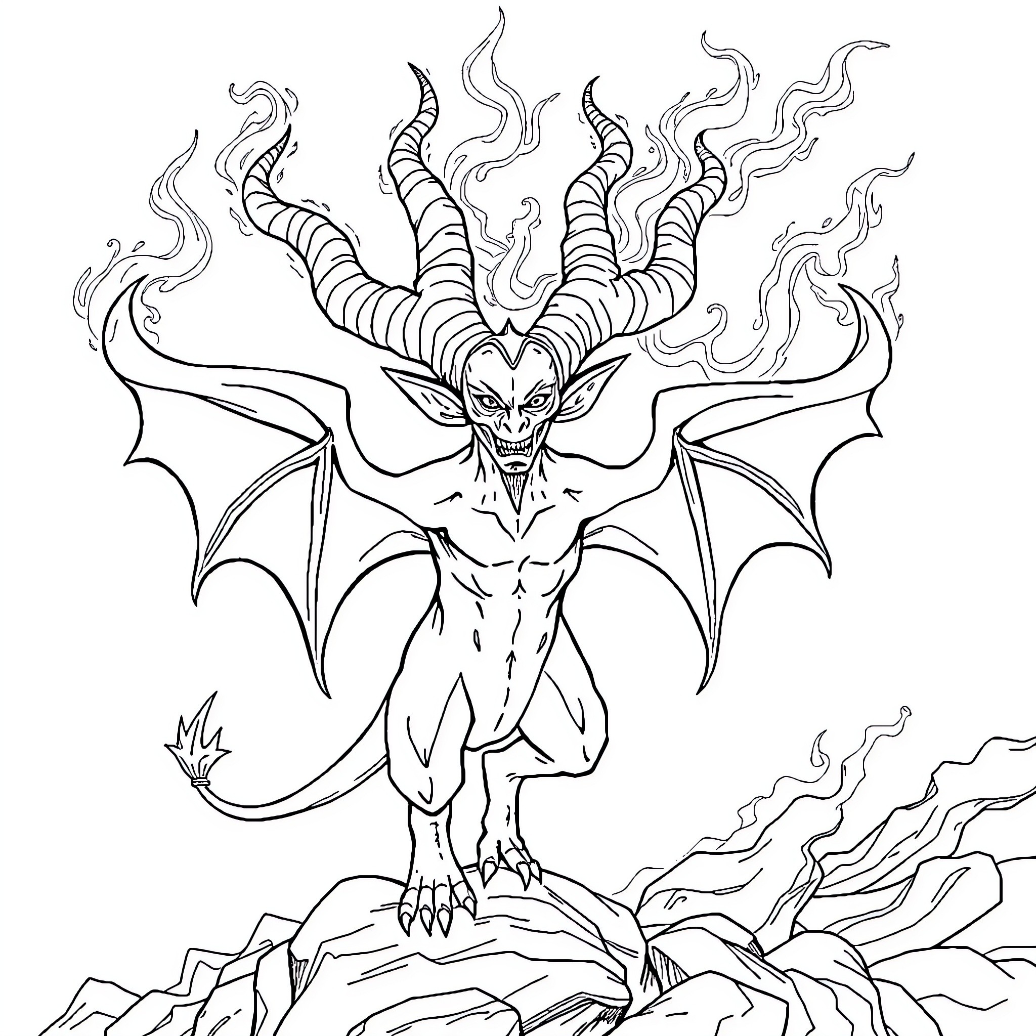 Djinn with Demonic Horns and Bat Wings Coloring Page (free black-and-white line drawing printable PDF for all, from beginners to advanced learners, including children, teens, adults, and seniors)