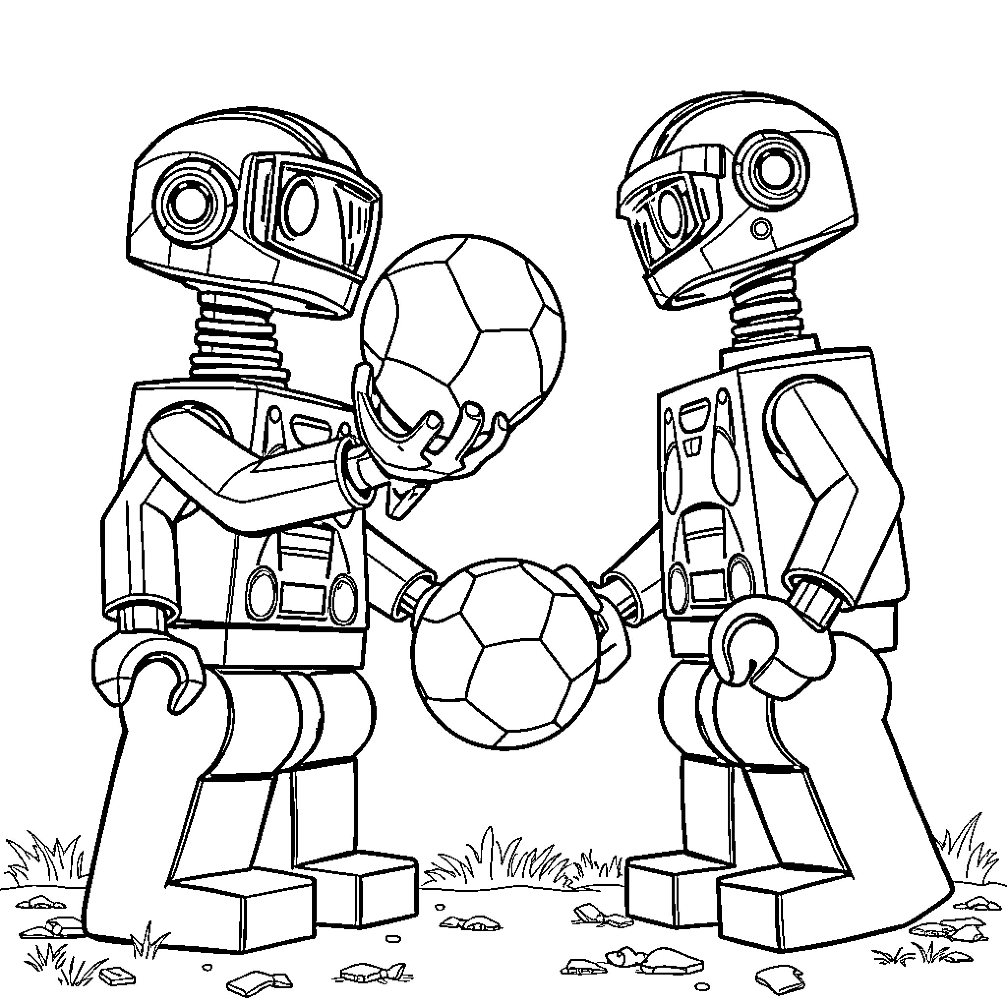 Lego Robot Soccer Players Competing on Field Coloring Page (free black-and-white line drawing printable PDF for all, from beginners to advanced learners, including children, teens, adults, and seniors)