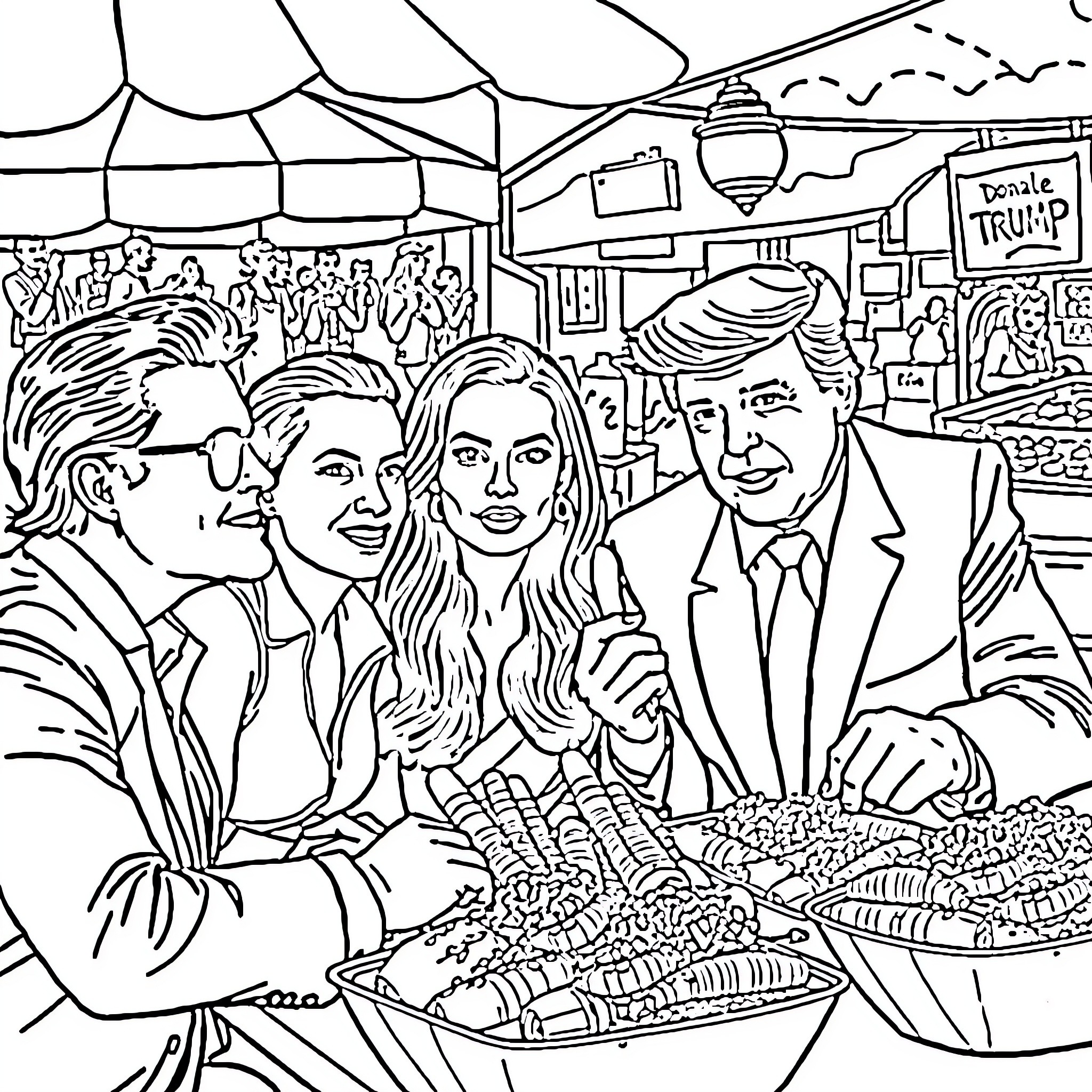Elote Vendors Celebrating with Supporters Coloring Page (free black-and-white line drawing printable PDF for all, from beginners to advanced learners, including children, teens, adults, and seniors)