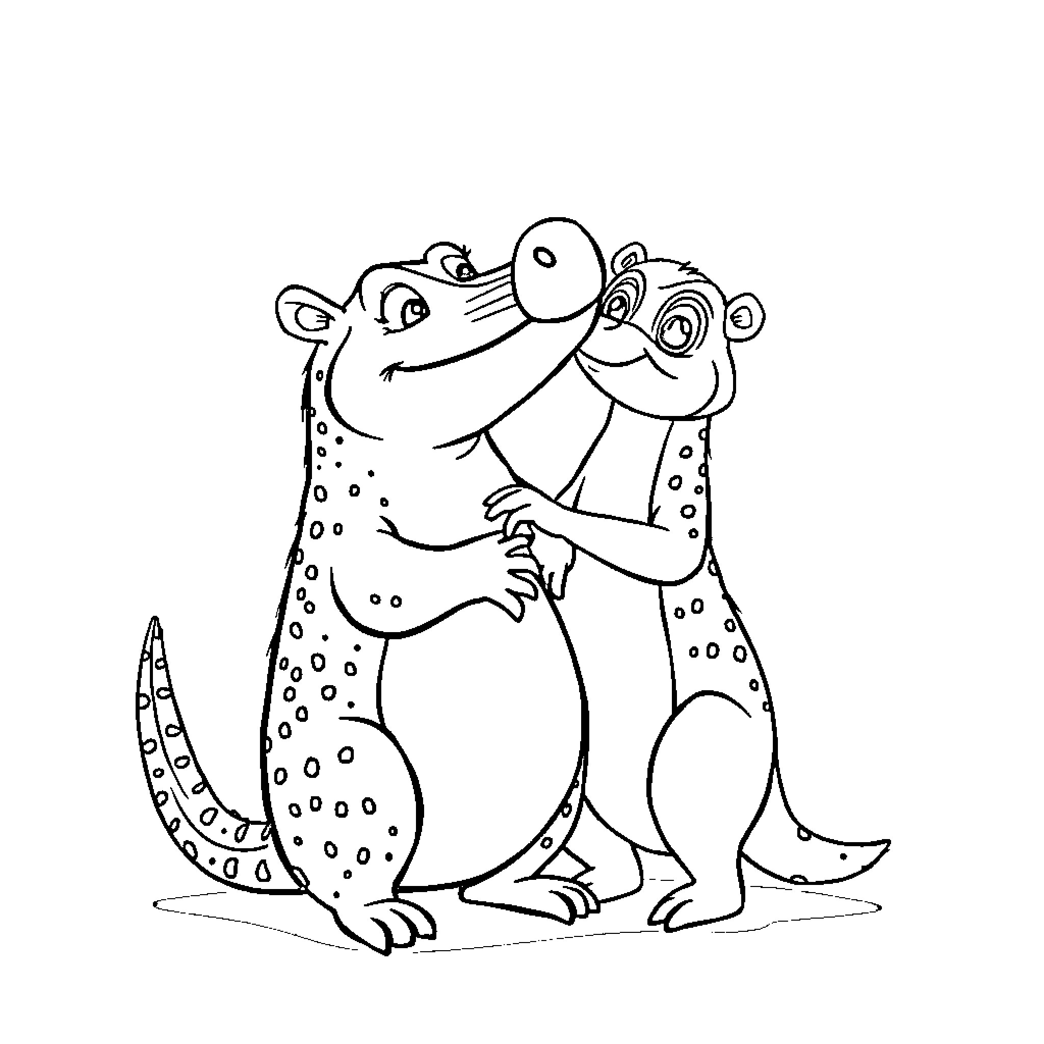 Capybara friends hugging playfully Coloring Page (free black-and-white line drawing printable PDF for all, from beginners to advanced learners, including children, teens, adults, and seniors)