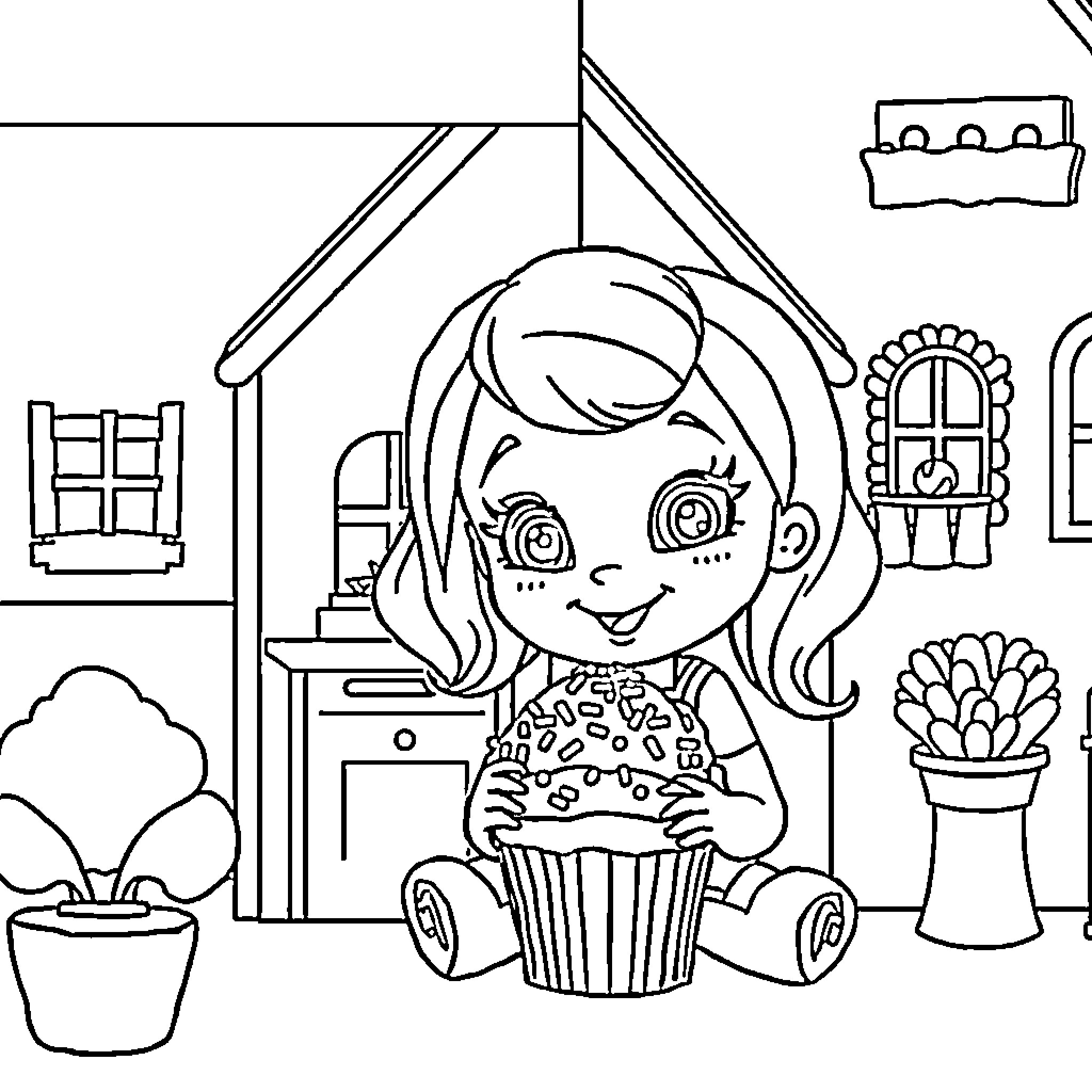 Dollhouse with a girl playing with a cupcake Coloring Page (free black-and-white line drawing printable PDF for all, from beginners to advanced learners, including children, teens, adults, and seniors)