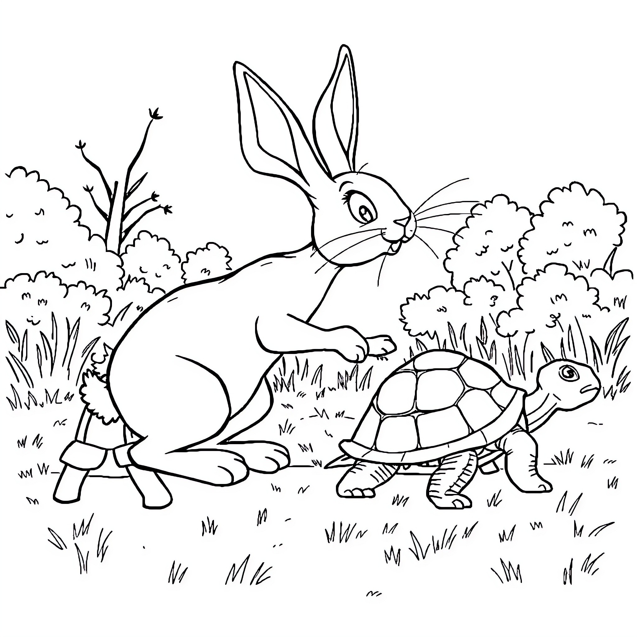 Rabbit hopping alongside playful turtle in garden Coloring Page (free black-and-white line drawing printable PDF for all, from beginners to advanced learners, including children, teens, adults, and seniors)