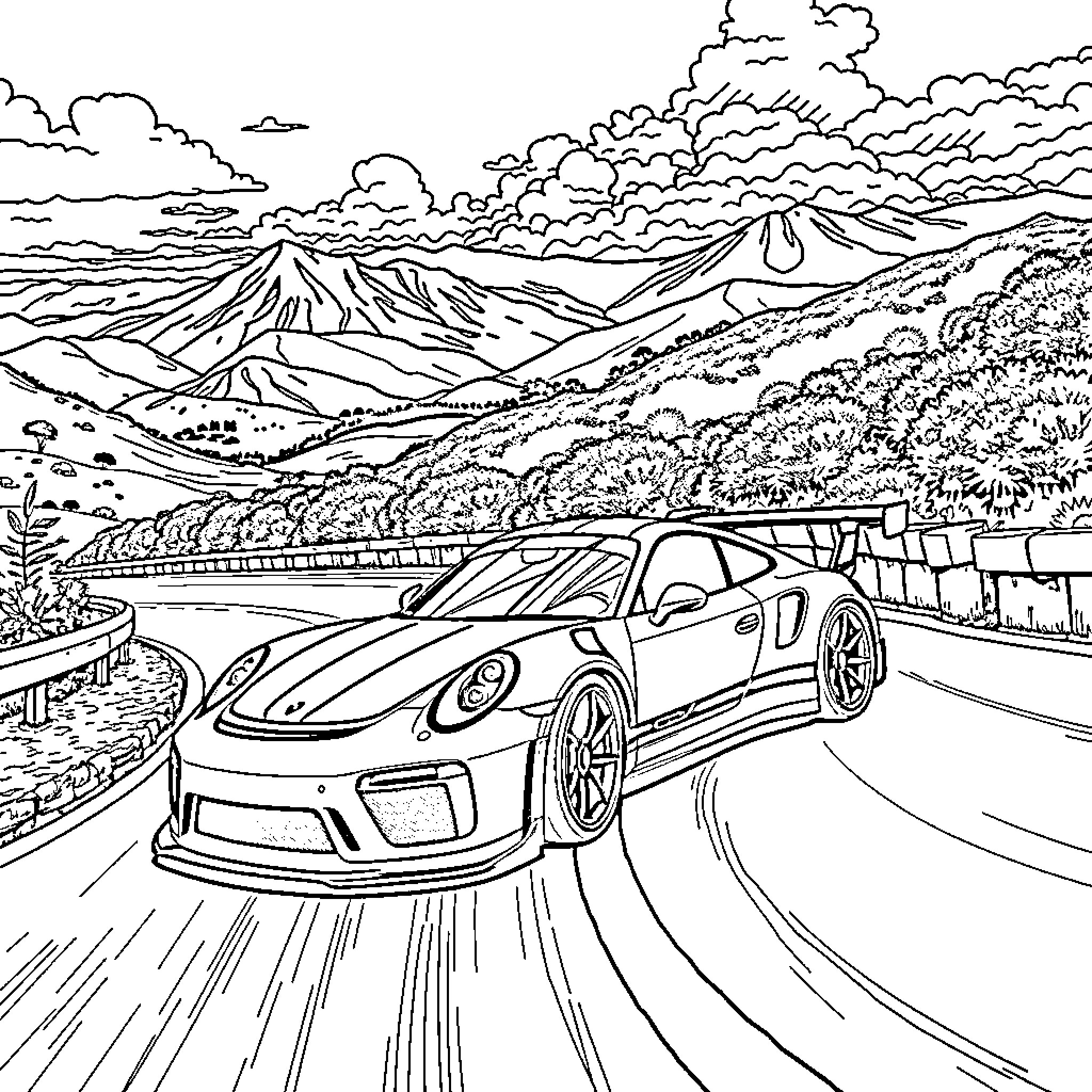 Porsche racing through scenic mountain road Coloring Page (free black-and-white line drawing printable PDF for all, from beginners to advanced learners, including children, teens, adults, and seniors)