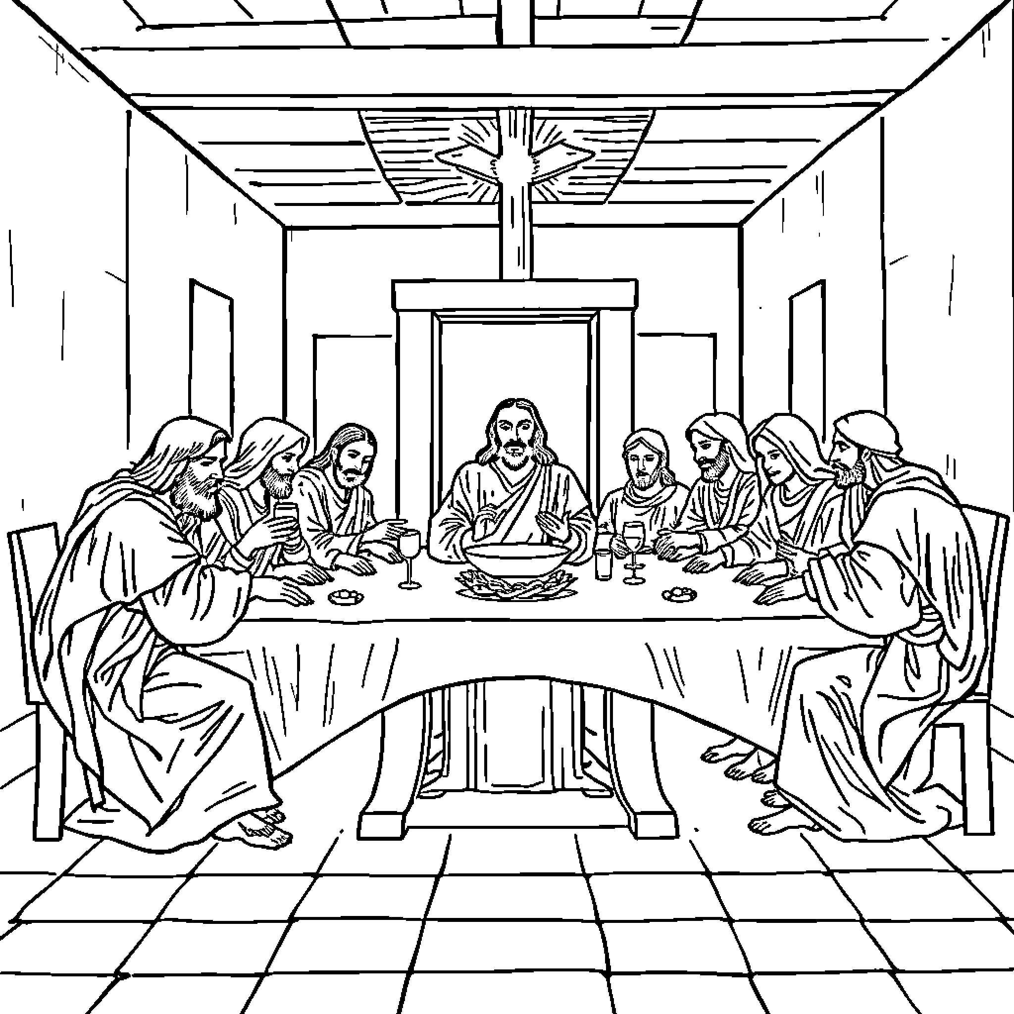 Last Supper - Figures gathered around table in religious scene Coloring Page (free black-and-white line drawing printable PDF for all, from beginners to advanced learners, including children, teens, adults, and seniors)