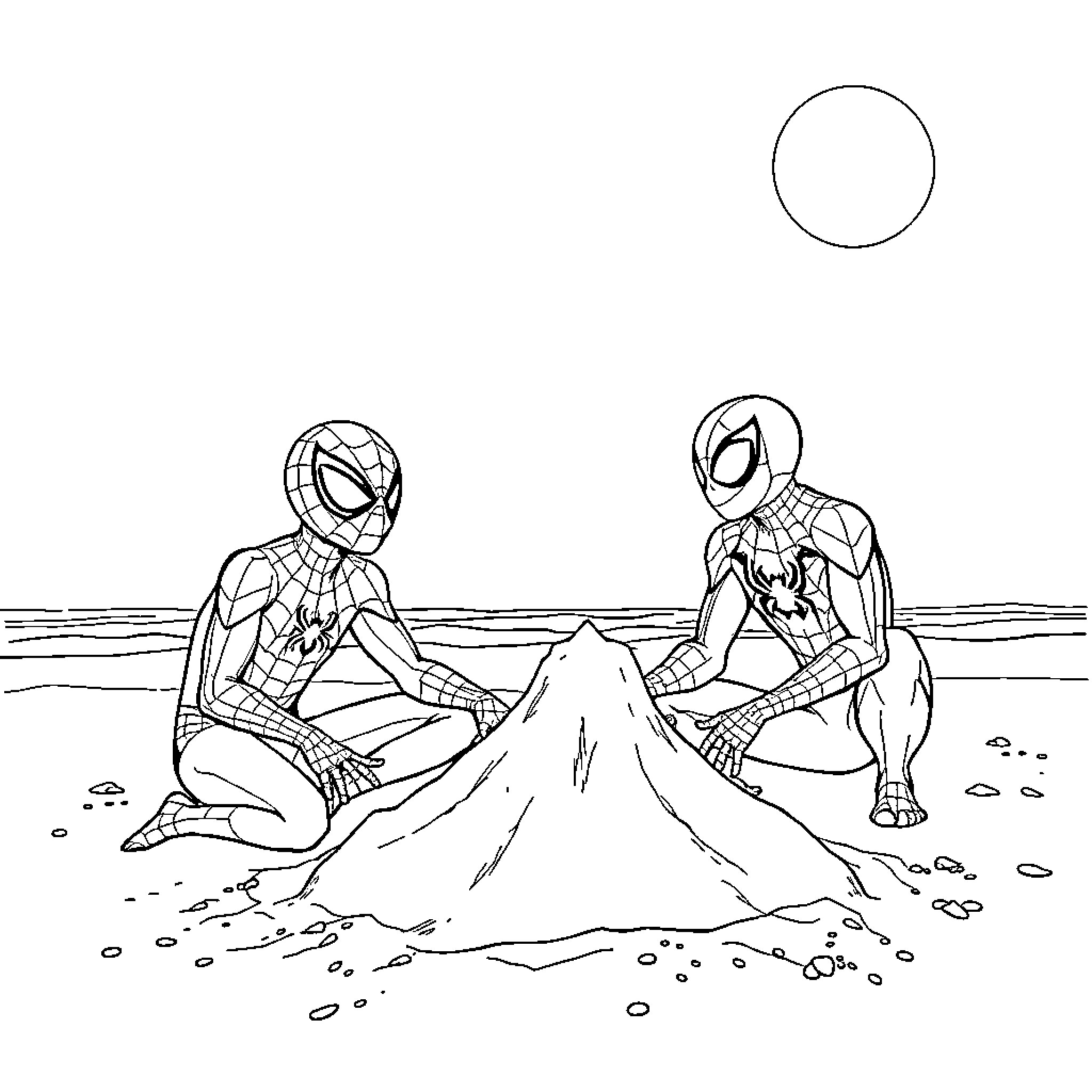 Spider-Men relaxing on the beach Coloring Page (free black-and-white line drawing printable PDF for all, from beginners to advanced learners, including children, teens, adults, and seniors)