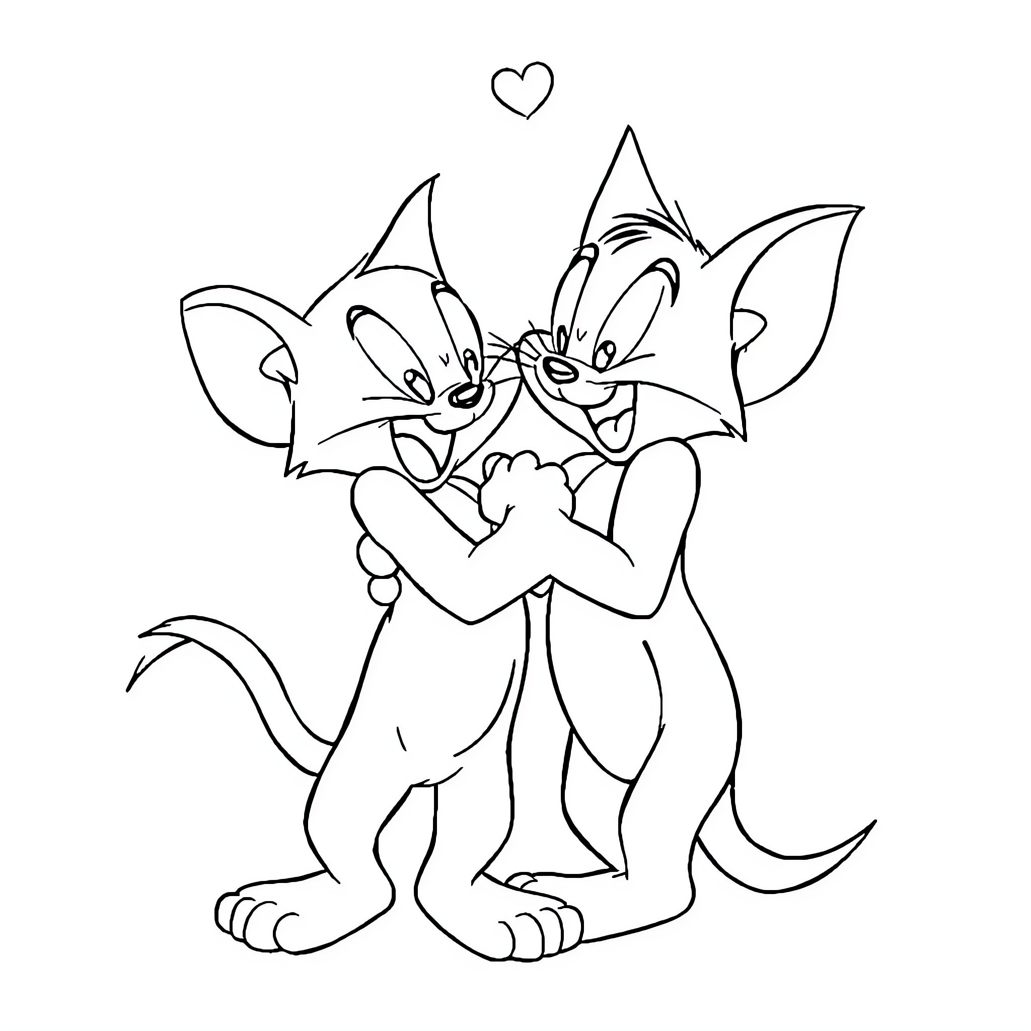 Tom and Jerry playing together happily Coloring Page (free black-and-white line drawing printable PDF for all, from beginners to advanced learners, including children, teens, adults, and seniors)