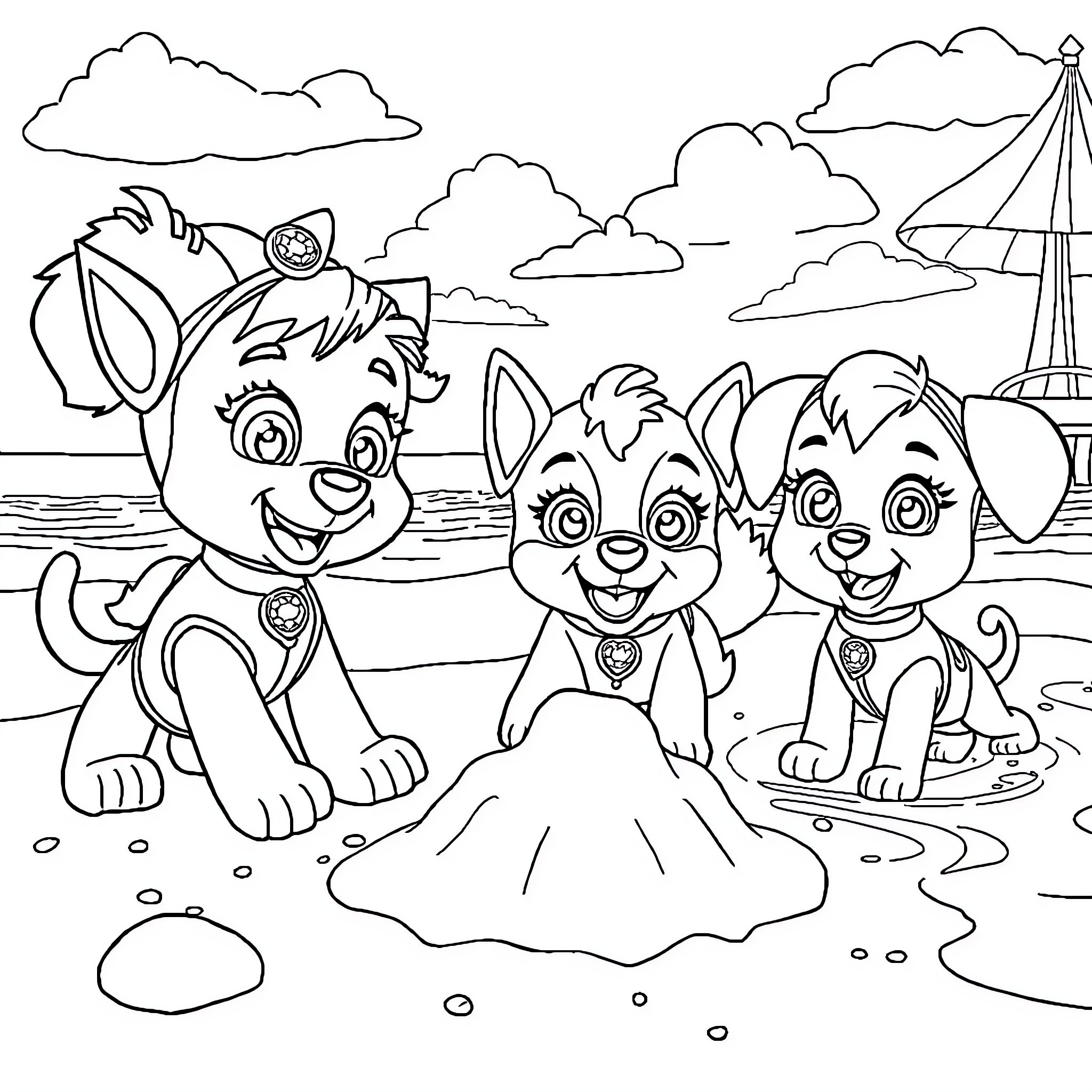 Bluey and friends have fun at the beach Coloring Page (free black-and-white line drawing printable PDF for all, from beginners to advanced learners, including children, teens, adults, and seniors)