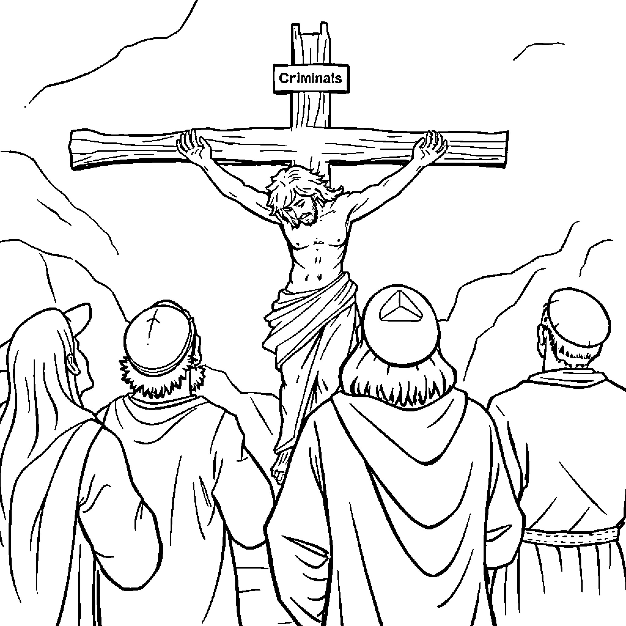 Bible scene of criminal crucifixion Coloring Page (free black-and-white line drawing printable PDF for all, from beginners to advanced learners, including children, teens, adults, and seniors)