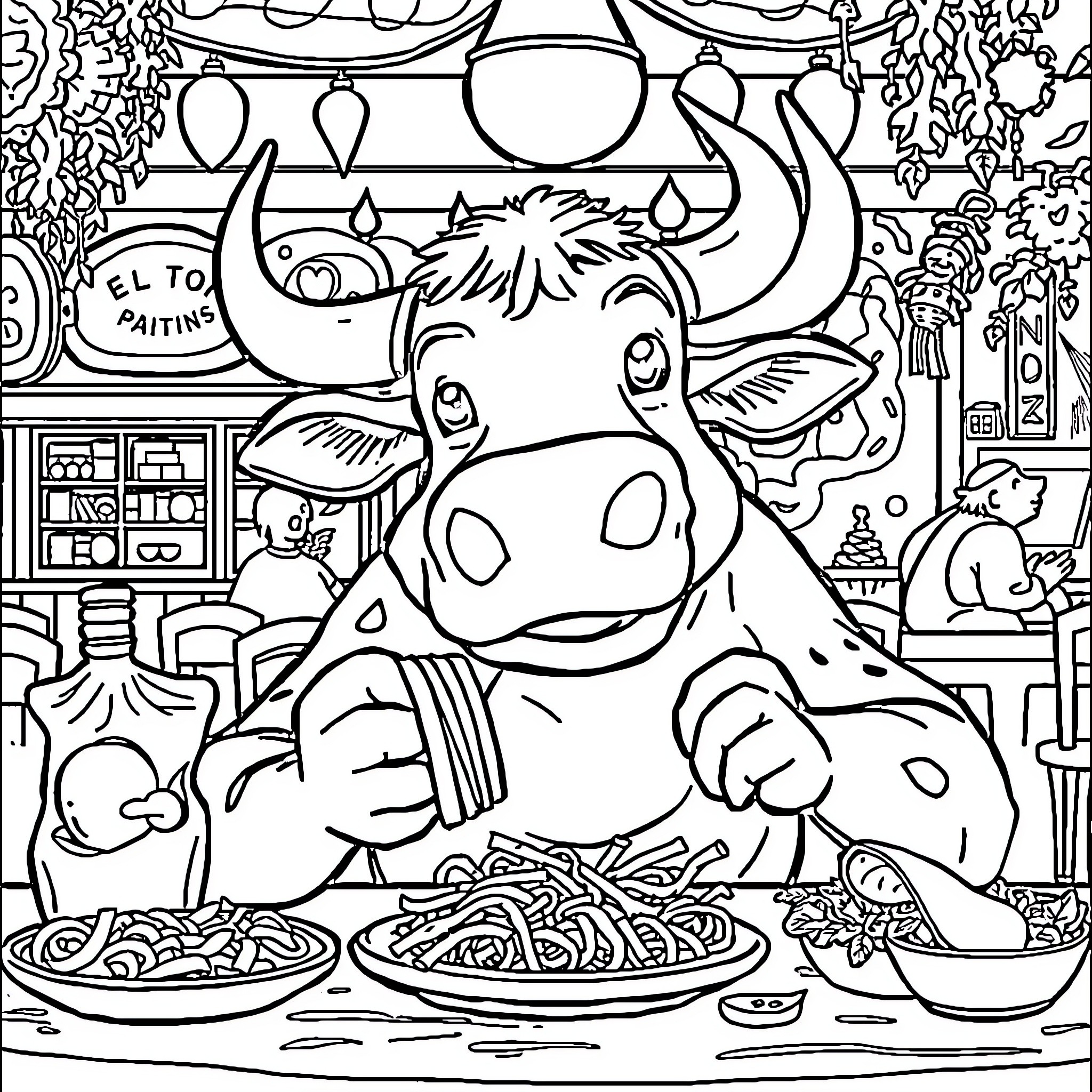 Bull enjoying a hearty meal in a whimsical setting Coloring Page (free black-and-white line drawing printable PDF for all, from beginners to advanced learners, including children, teens, adults, and seniors)
