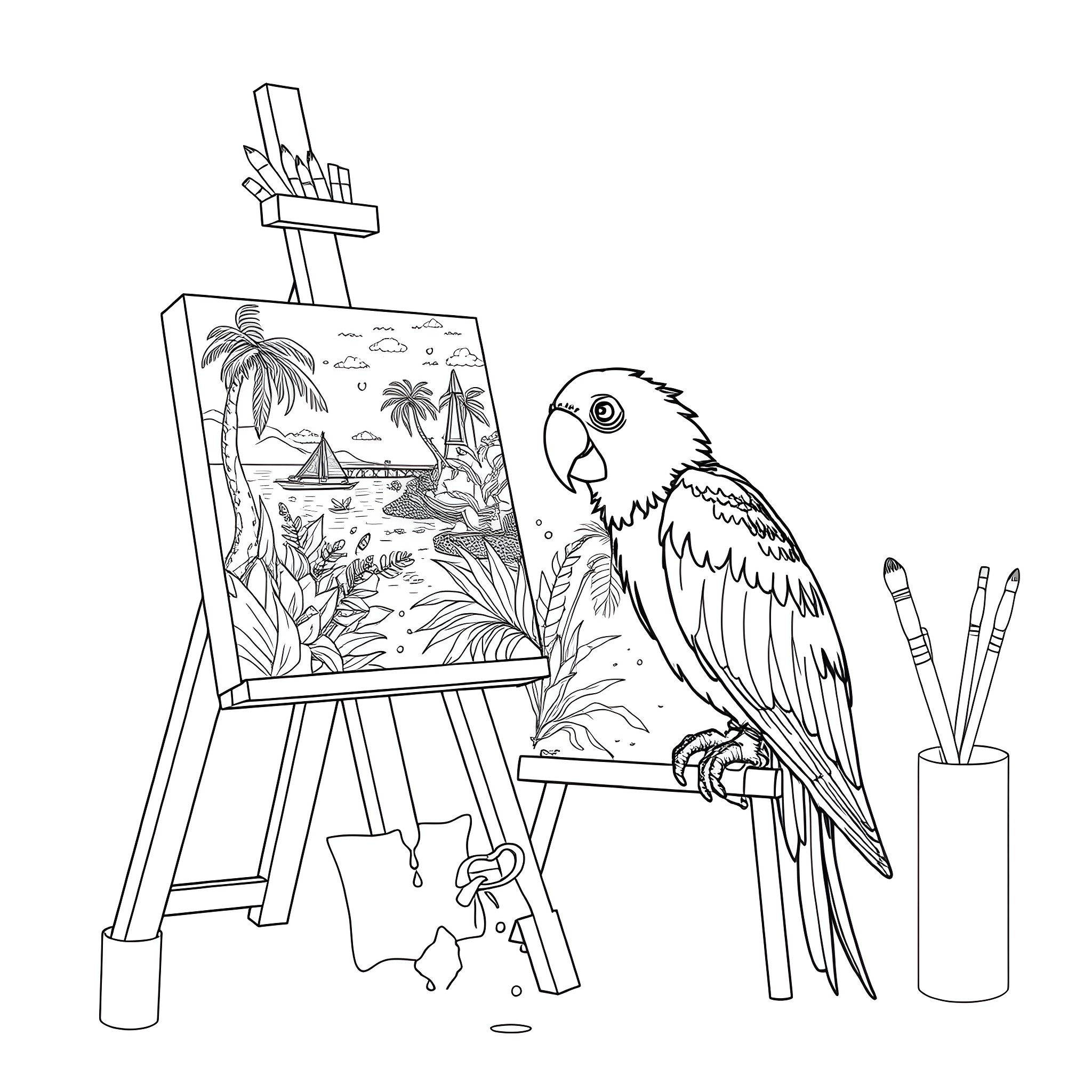 Parrot Admiring a Tropical Landscape Painting Coloring Page (free black-and-white line drawing printable PDF for all, from beginners to advanced learners, including children, teens, adults, and seniors)
