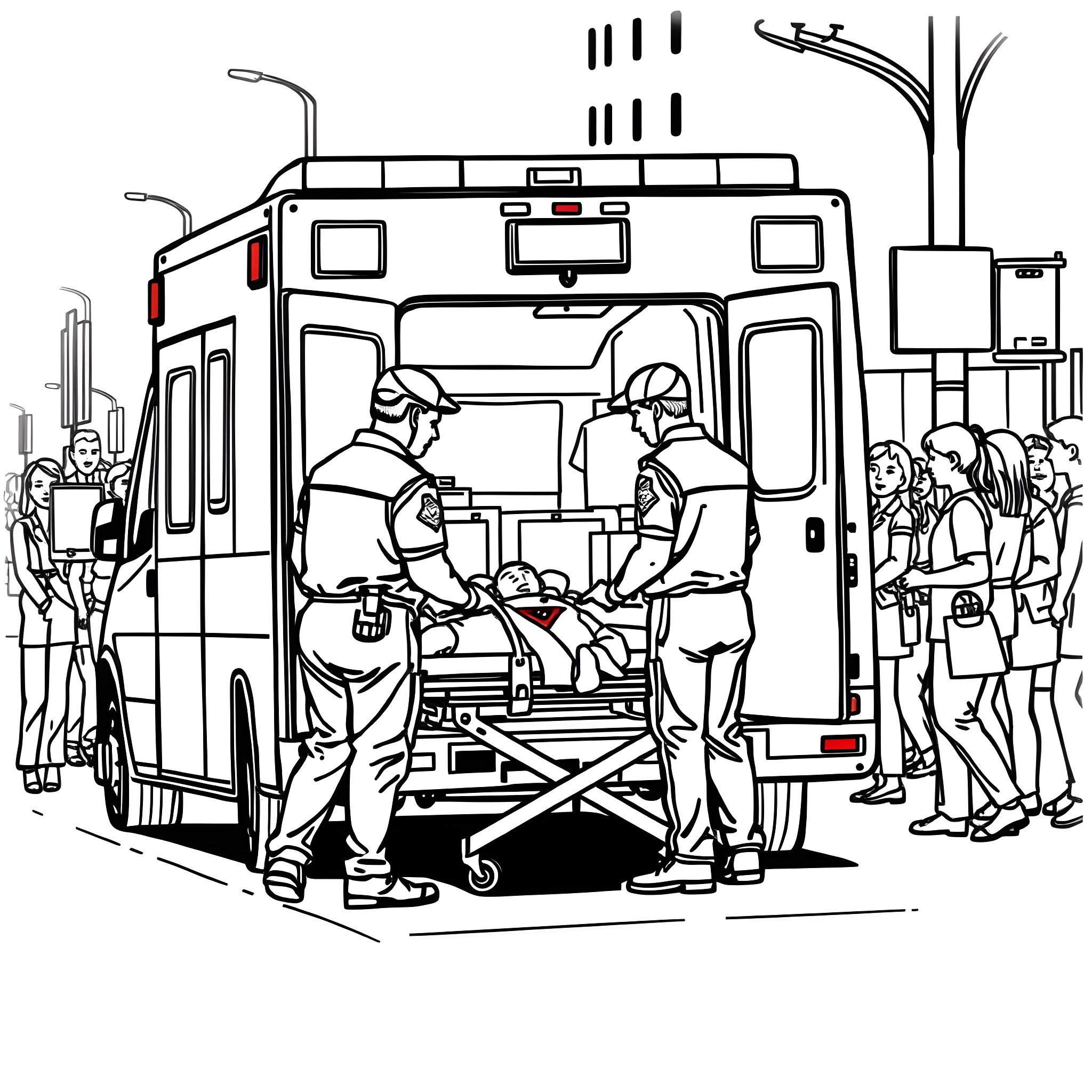 Ambulance transporting patient with medical personnel Coloring Page (free black-and-white line drawing printable PDF for all, from beginners to advanced learners, including children, teens, adults, and seniors)