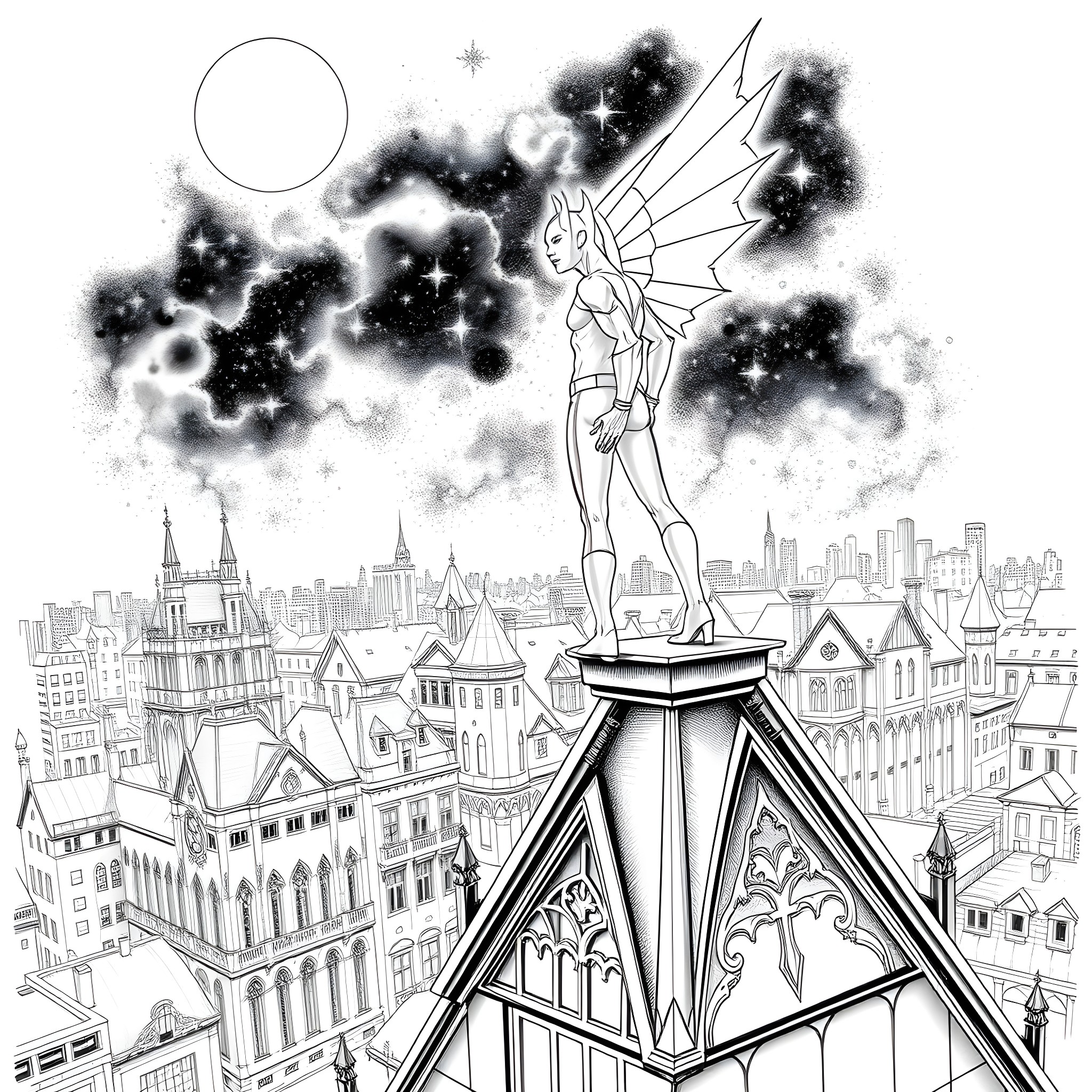 Moonwing soaring over a mystical cityscape Coloring Page (free black-and-white line drawing printable PDF for all, from beginners to advanced learners, including children, teens, adults, and seniors)