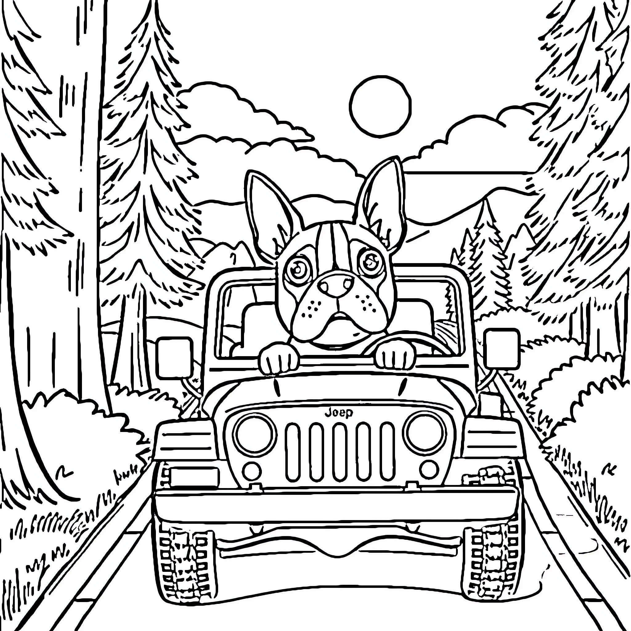 Boston Terrier exploring the wilderness in a jeep Coloring Page (free black-and-white line drawing printable PDF for all, from beginners to advanced learners, including children, teens, adults, and seniors)