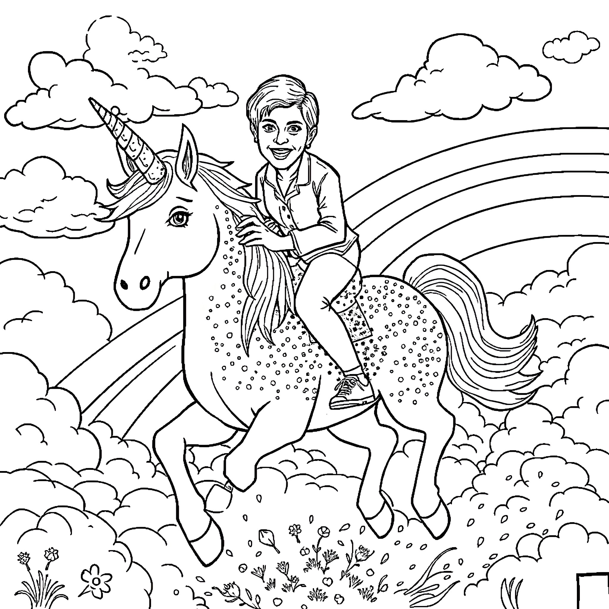 Unicorn riding and a person with a rainbow Coloring Page (free black-and-white line drawing printable PDF for all, from beginners to advanced learners, including children, teens, adults, and seniors)