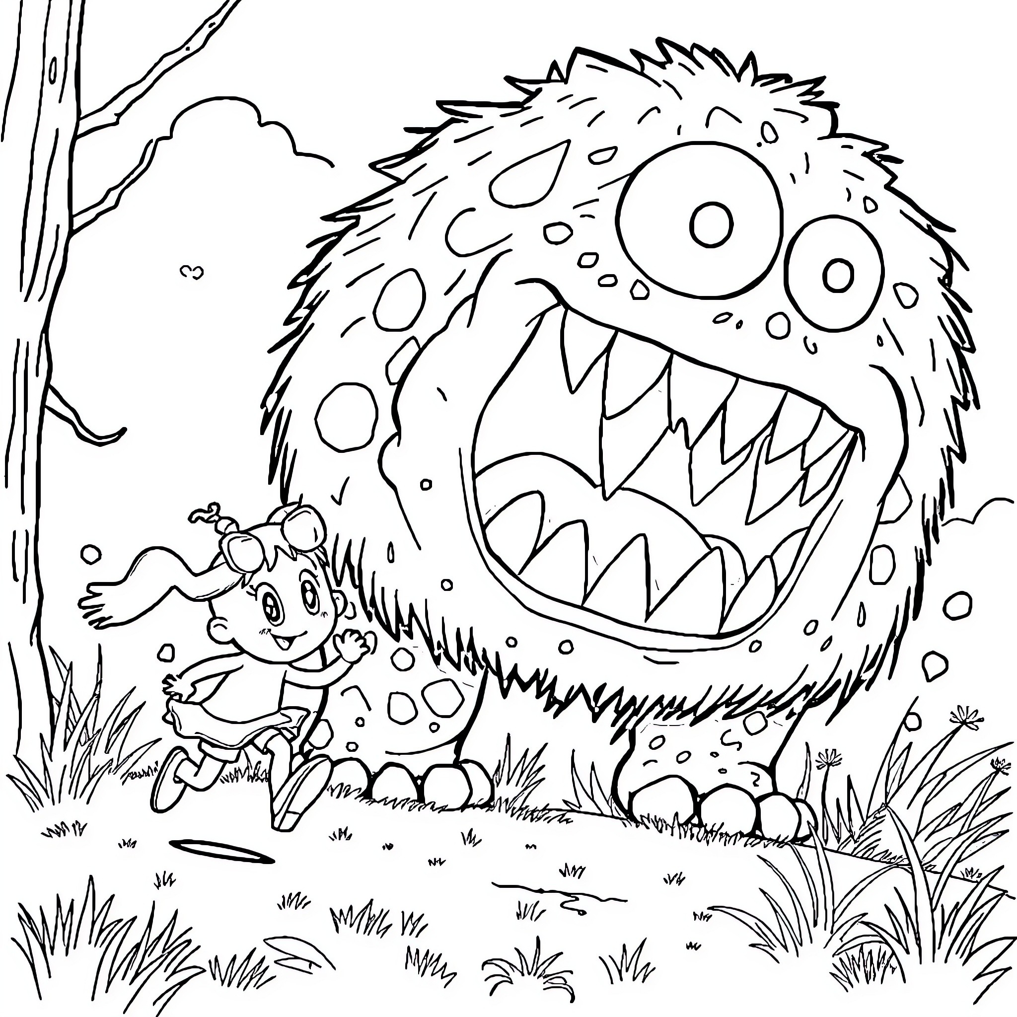 Player escaping from a large, furry monster Coloring Page (free black-and-white line drawing printable PDF for all, from beginners to advanced learners, including children, teens, adults, and seniors)