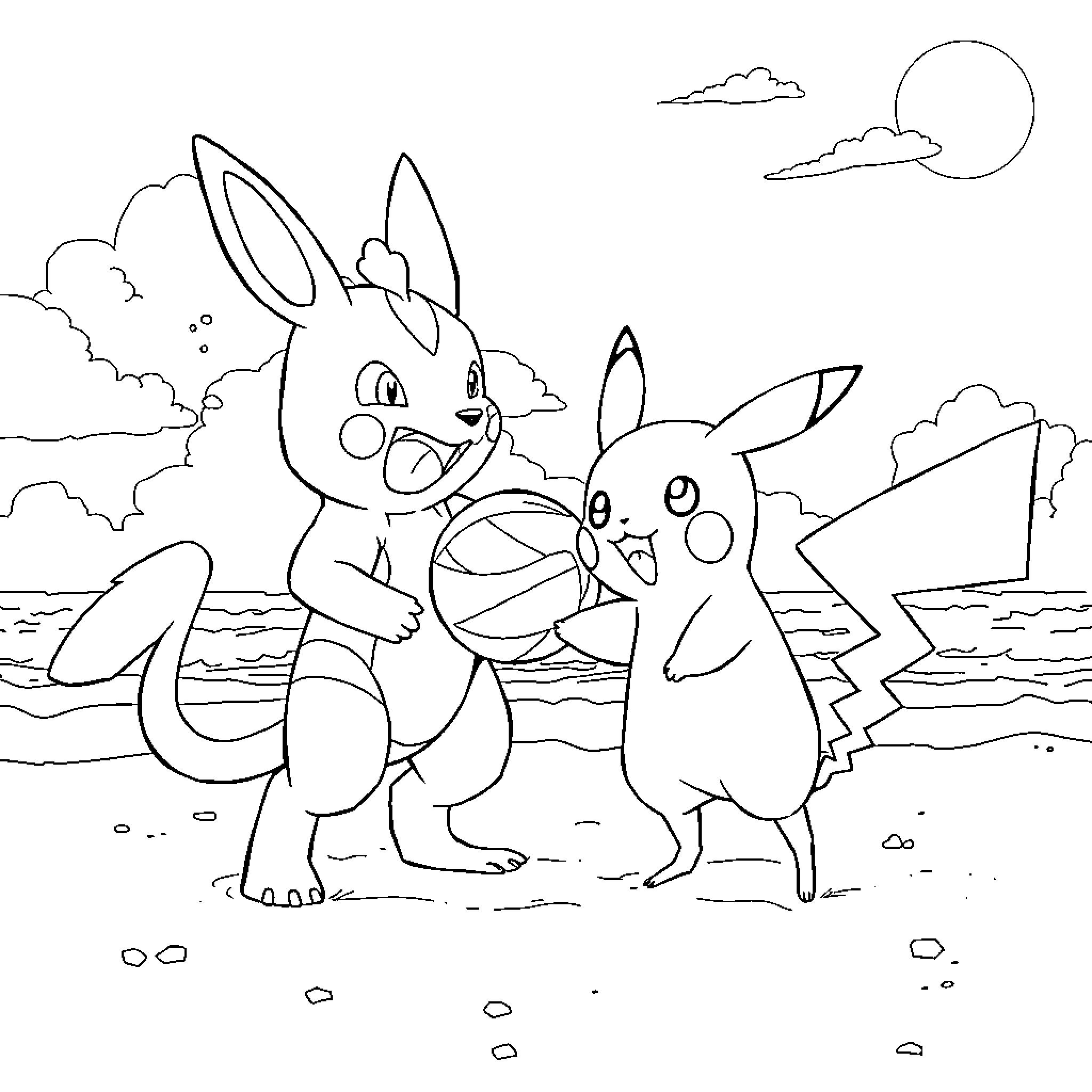 Terriermon playing energetically with Pikachu on the beach Coloring Page (free black-and-white line drawing printable PDF for all, from beginners to advanced learners, including children, teens, adults, and seniors)