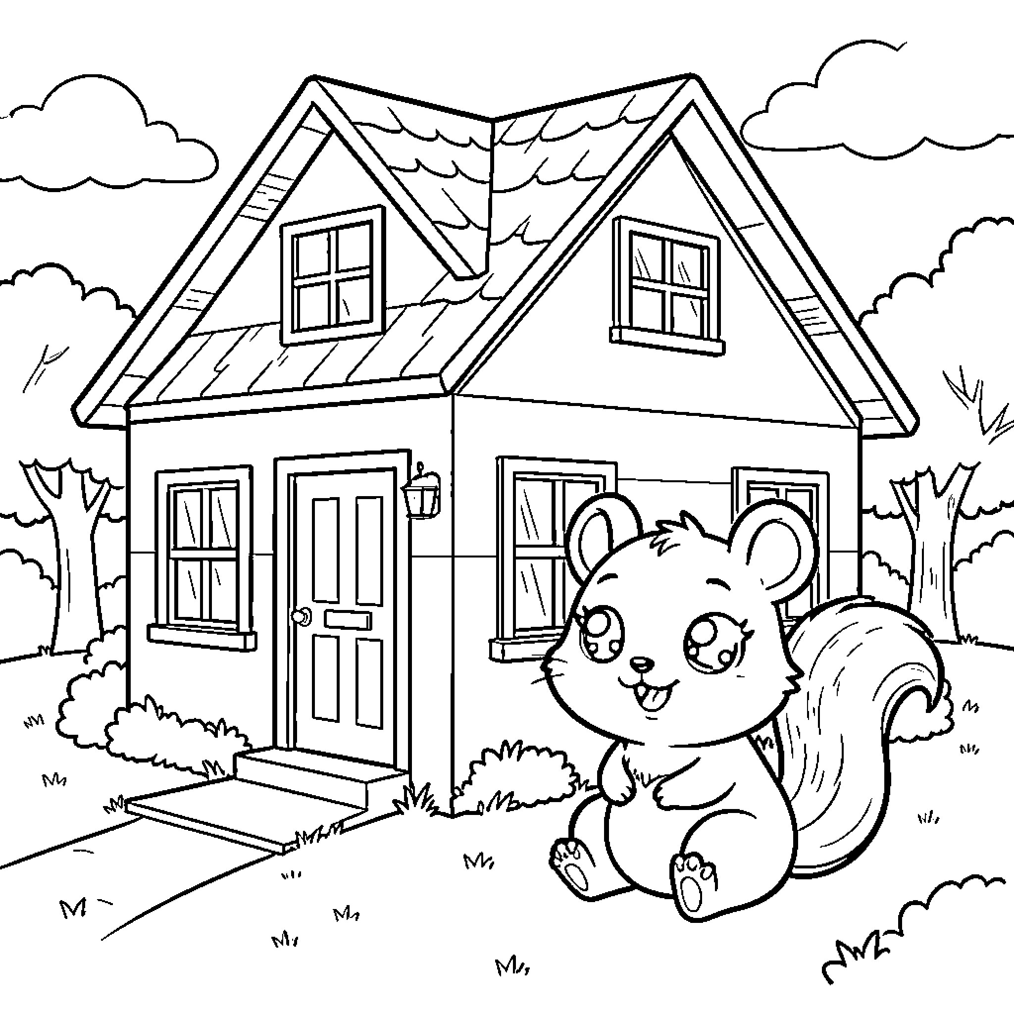 Squirrel exploring the cozy cottage Coloring Page (free black-and-white line drawing printable PDF for all, from beginners to advanced learners, including children, teens, adults, and seniors)