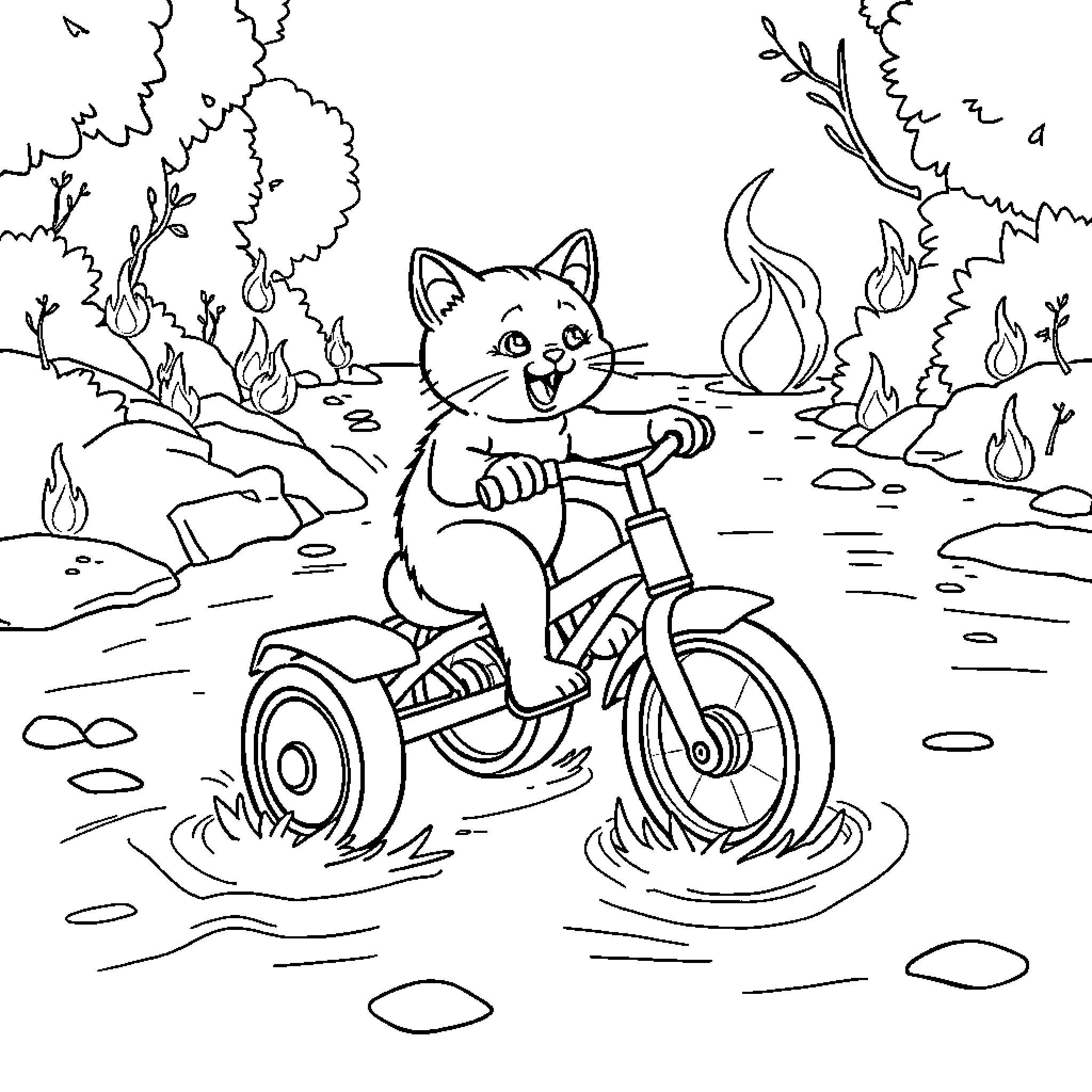Cat riding a tricycle in the forest Coloring Page (free black-and-white line drawing printable PDF for all, from beginners to advanced learners, including children, teens, adults, and seniors)