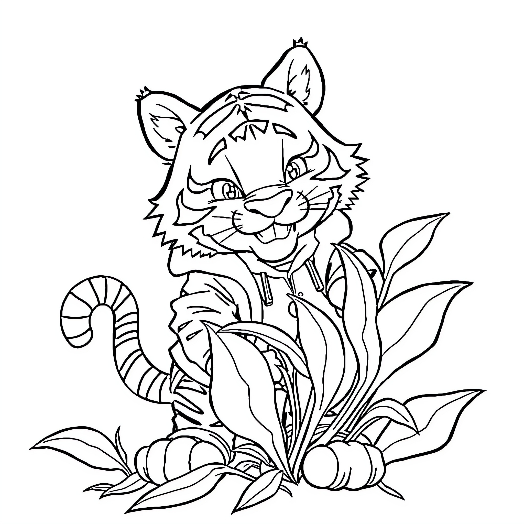 Tiger resting in the jungle foliage Coloring Page (free black-and-white line drawing printable PDF for all, from beginners to advanced learners, including children, teens, adults, and seniors)