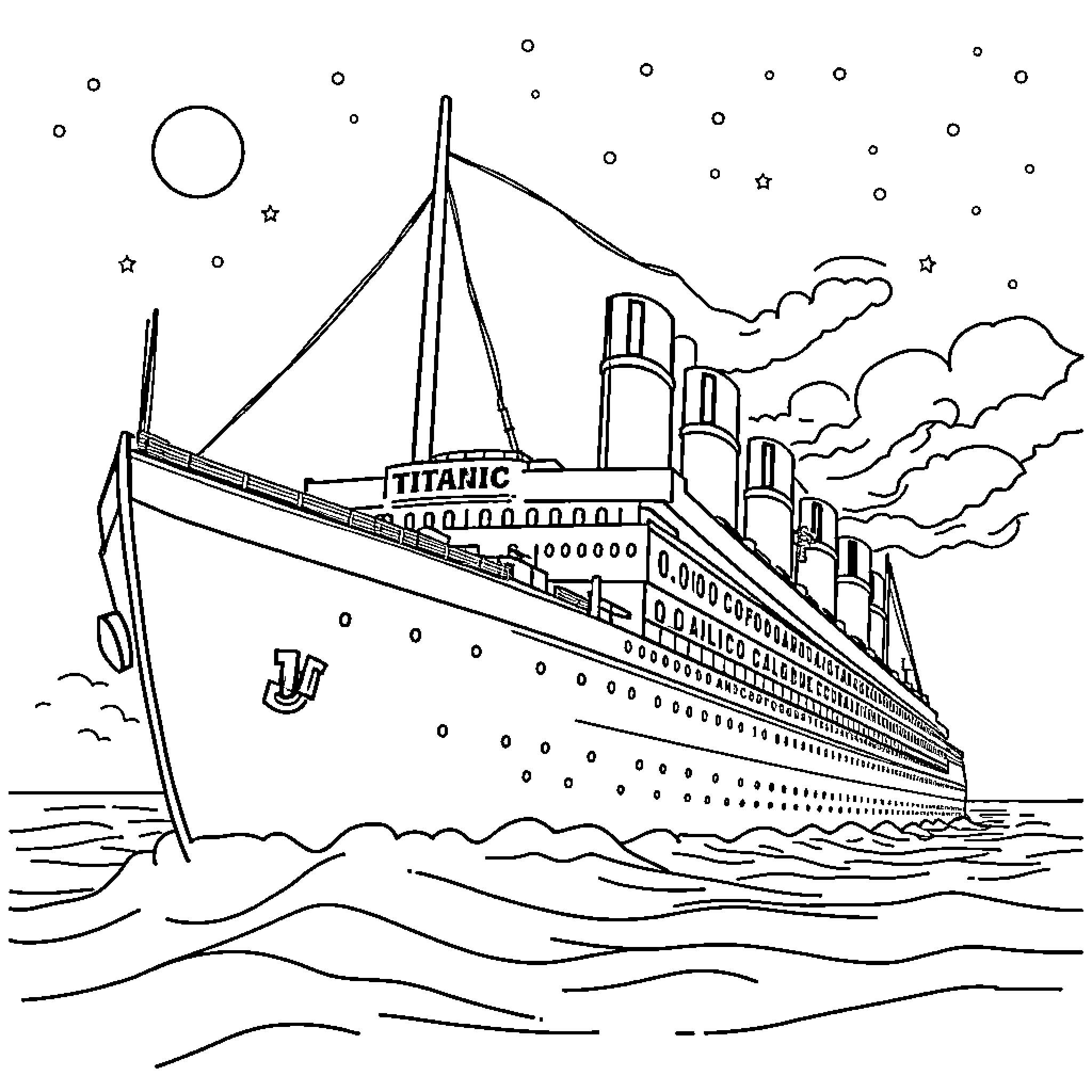 Barco Titanic sailing across the ocean Coloring Page (free black-and-white line drawing printable PDF for all, from beginners to advanced learners, including children, teens, adults, and seniors)