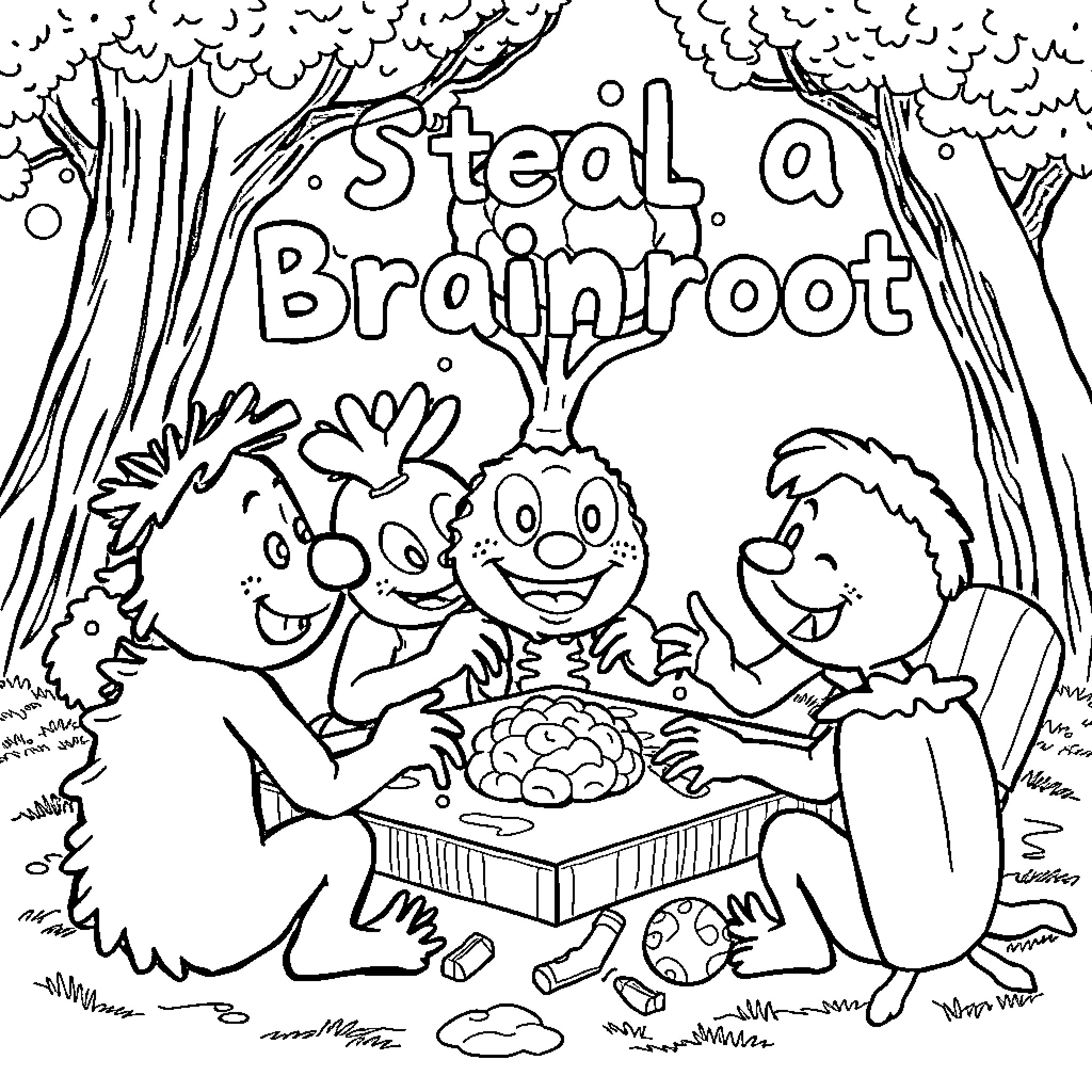 Caylus and Friends Explore Nature Coloring Page (free black-and-white line drawing printable PDF for all, from beginners to advanced learners, including children, teens, adults, and seniors)