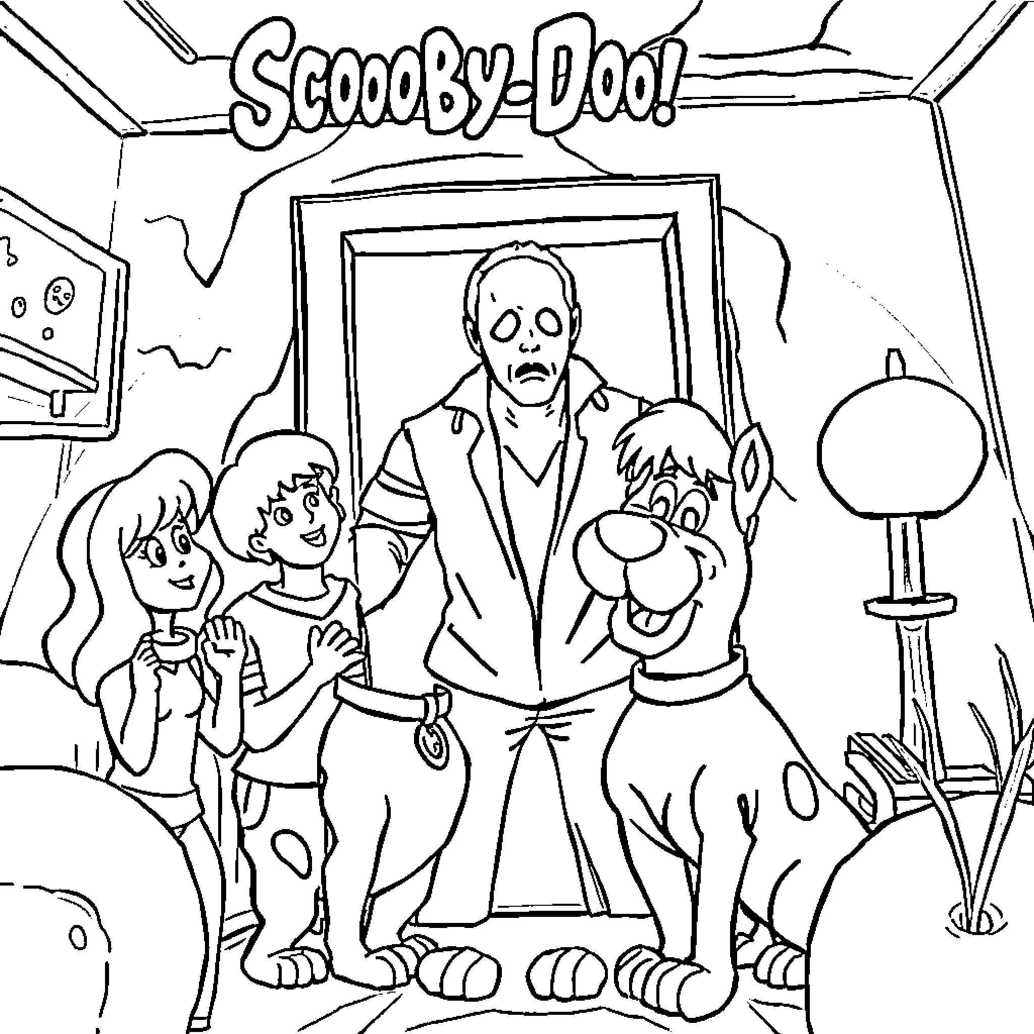 Scooby Doo! Solving Spooky Mysteries Together Coloring Page (free black-and-white line drawing printable PDF for all, from beginners to advanced learners, including children, teens, adults, and seniors)