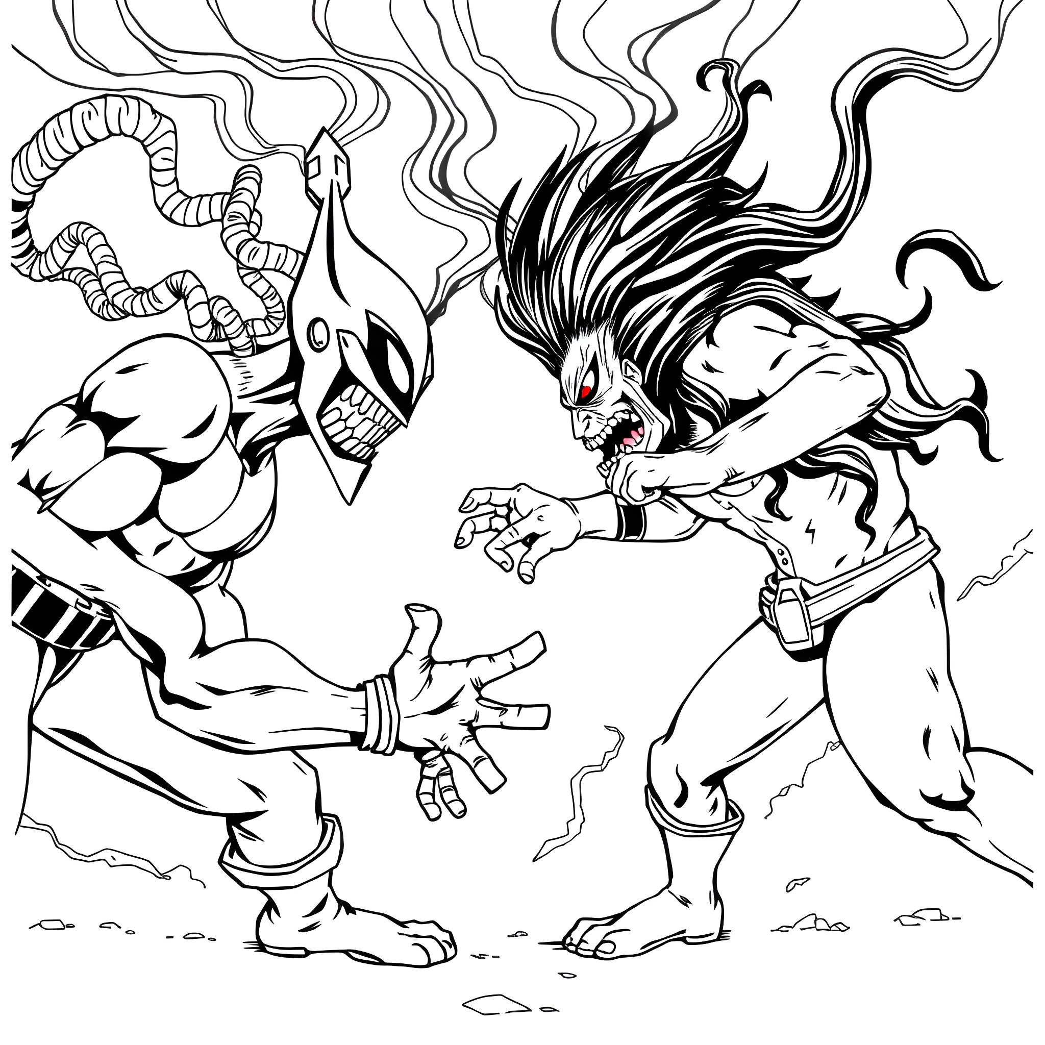 Fight between fierce warriors with dynamic poses Coloring Page (free black-and-white line drawing printable PDF for all, from beginners to advanced learners, including children, teens, adults, and seniors)