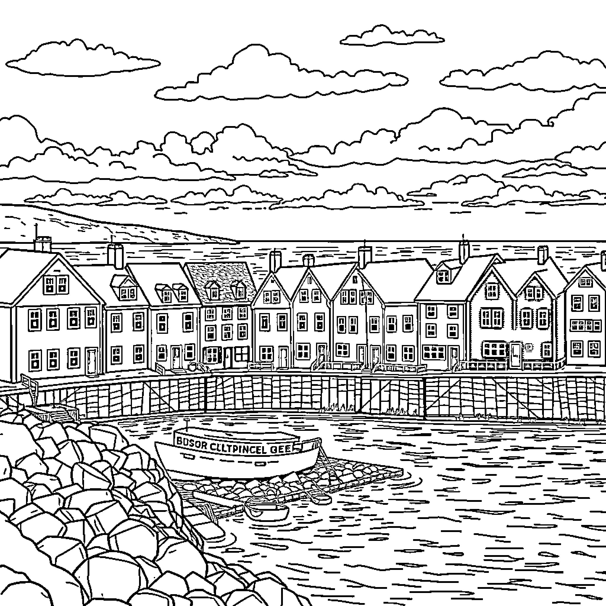 View of a Coastal Town with Boats and Houses Coloring Page (free black-and-white line drawing printable PDF for all, from beginners to advanced learners, including children, teens, adults, and seniors)