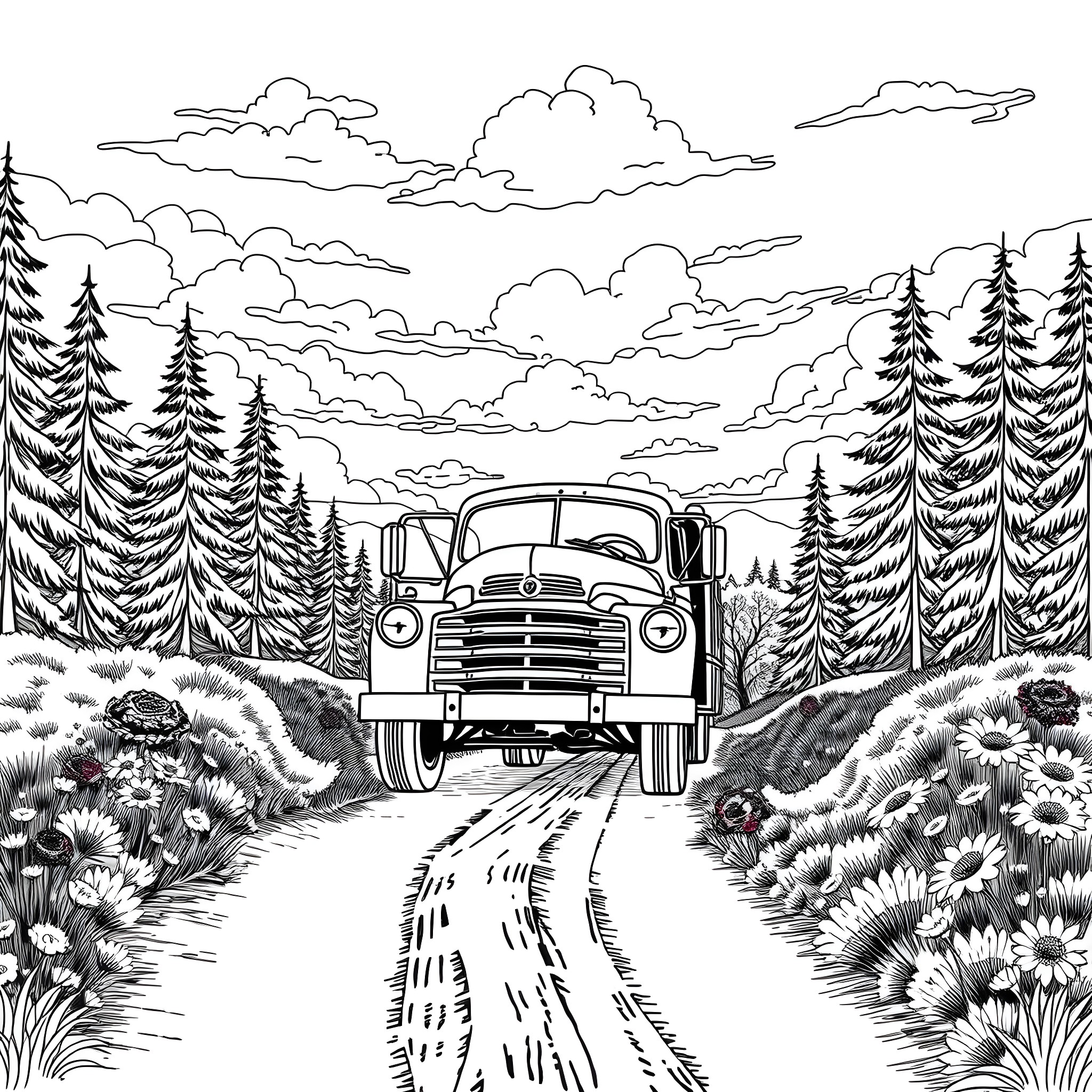 Truck Driving Through Scenic Forest Landscape Coloring Page (free black-and-white line drawing printable PDF for all, from beginners to advanced learners, including children, teens, adults, and seniors)