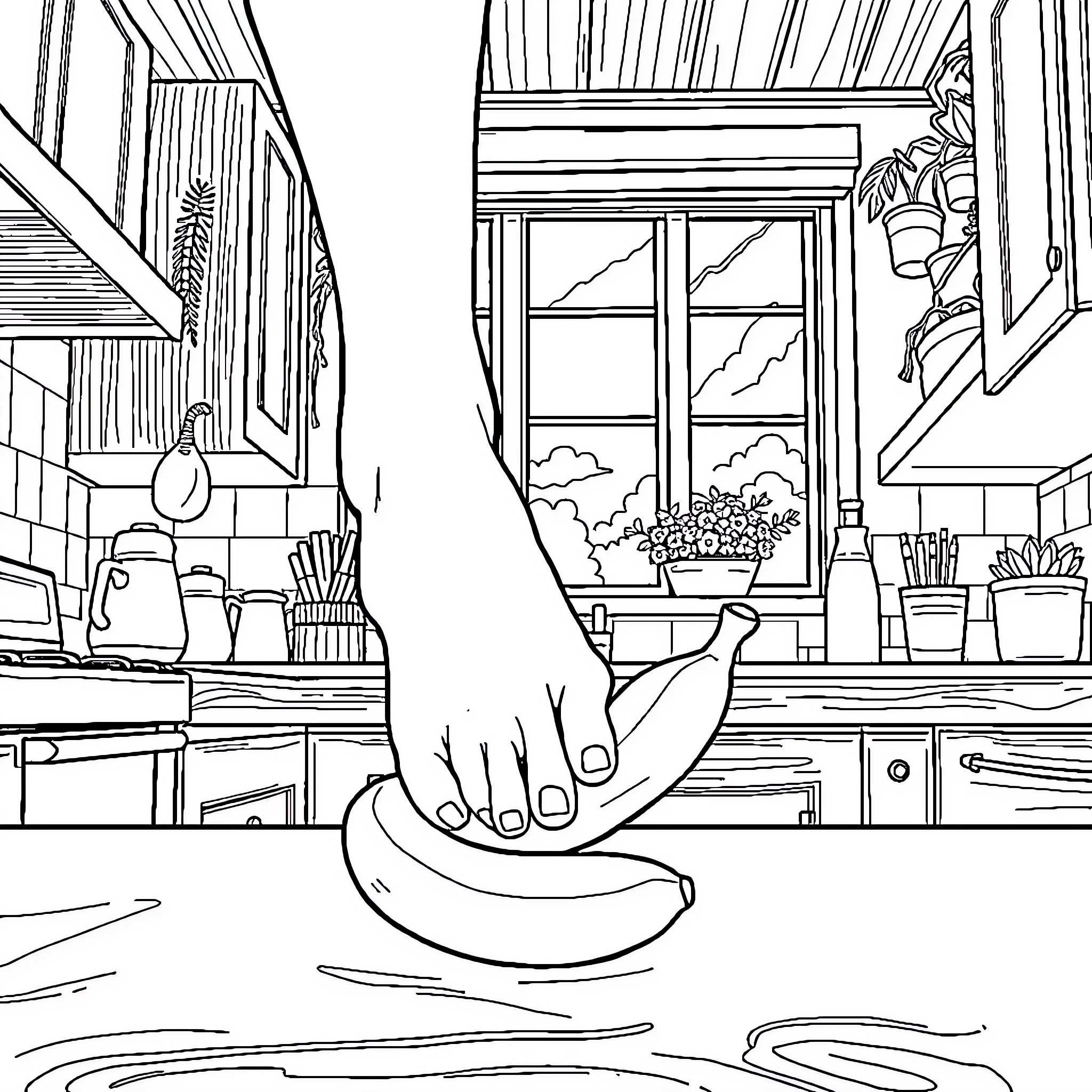 Foot relaxing in cozy kitchen setting Coloring Page (free black-and-white line drawing printable PDF for all, from beginners to advanced learners, including children, teens, adults, and seniors)
