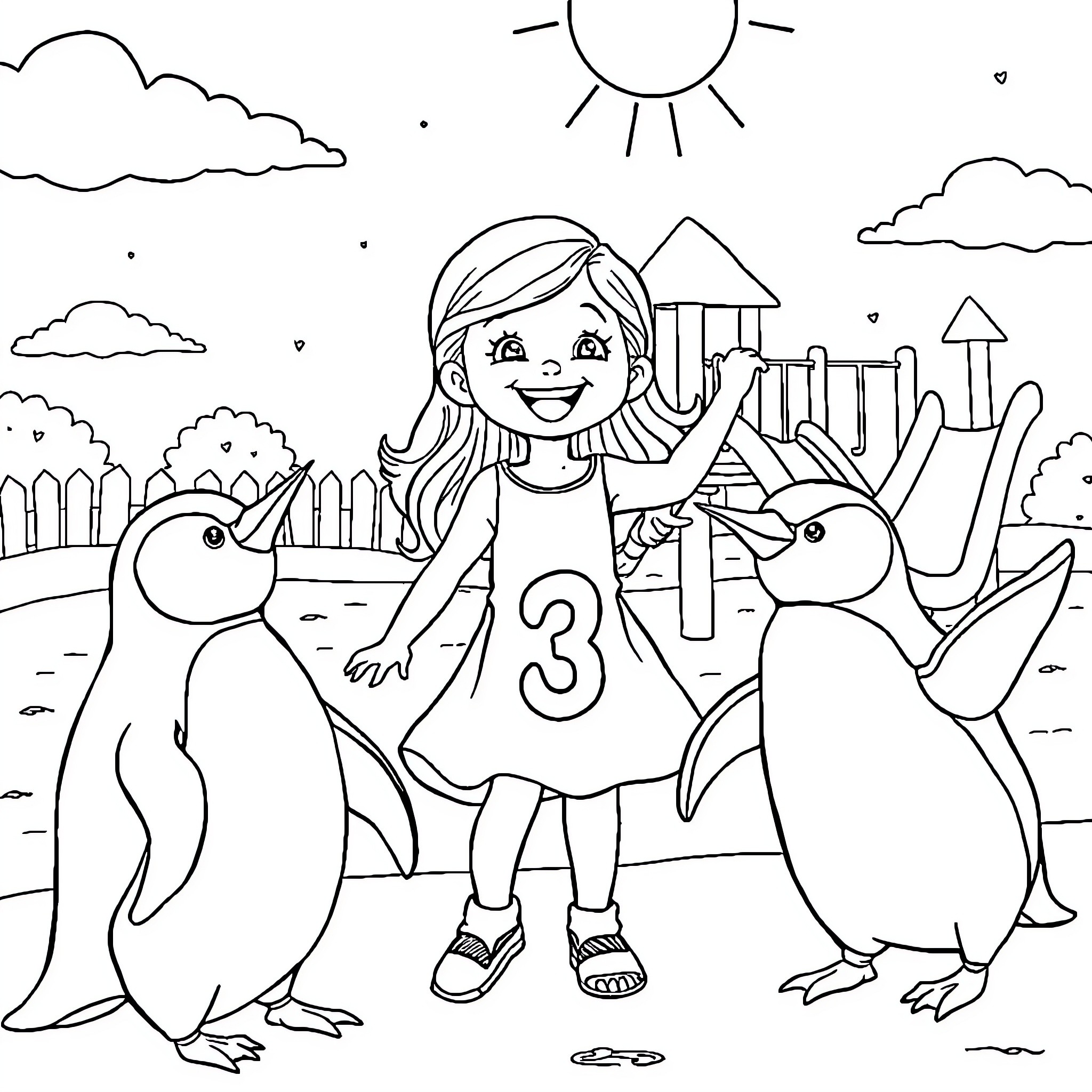 Girl playing with penguins in a park Coloring Page (free black-and-white line drawing printable PDF for all, from beginners to advanced learners, including children, teens, adults, and seniors)