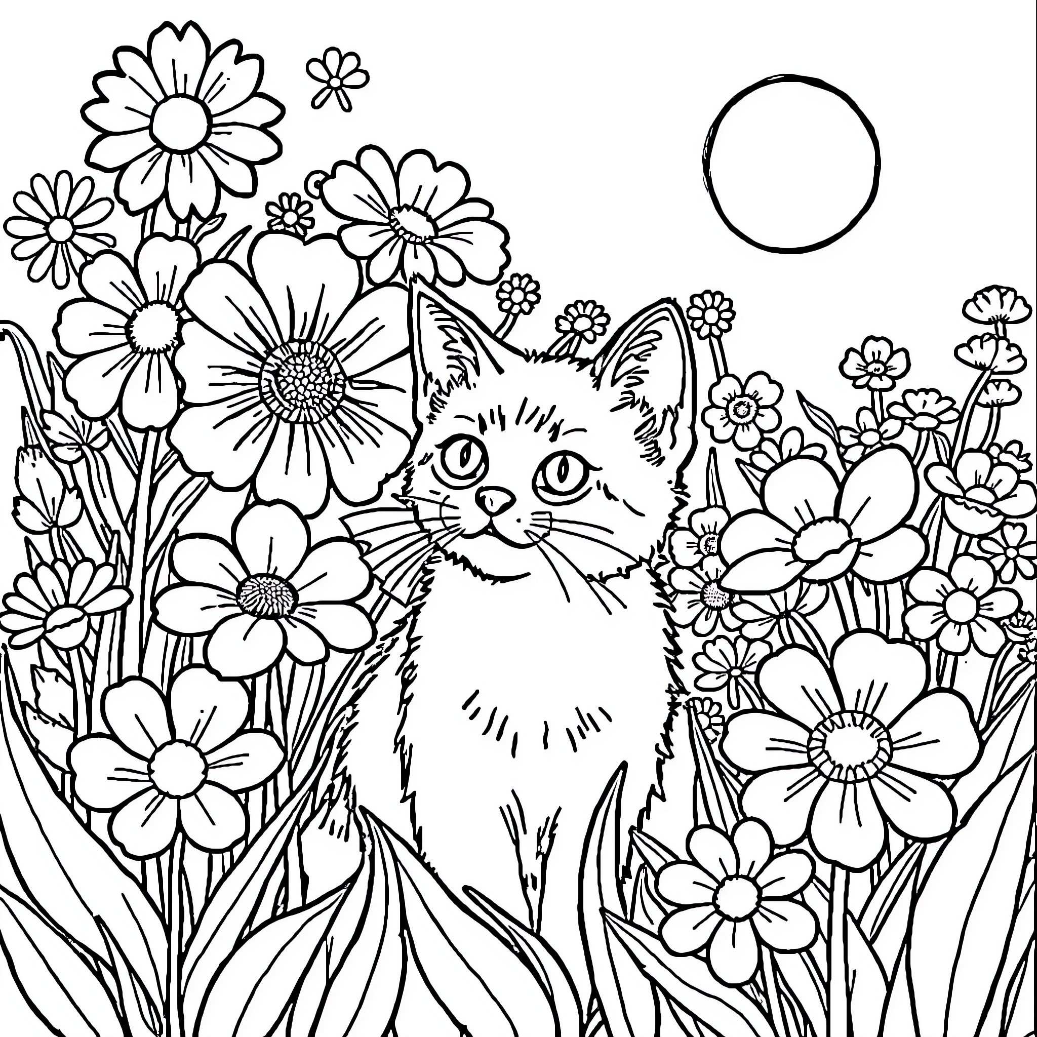 Flower Garden with Curious Kitten Coloring Page (free black-and-white line drawing printable PDF for all, from beginners to advanced learners, including children, teens, adults, and seniors)