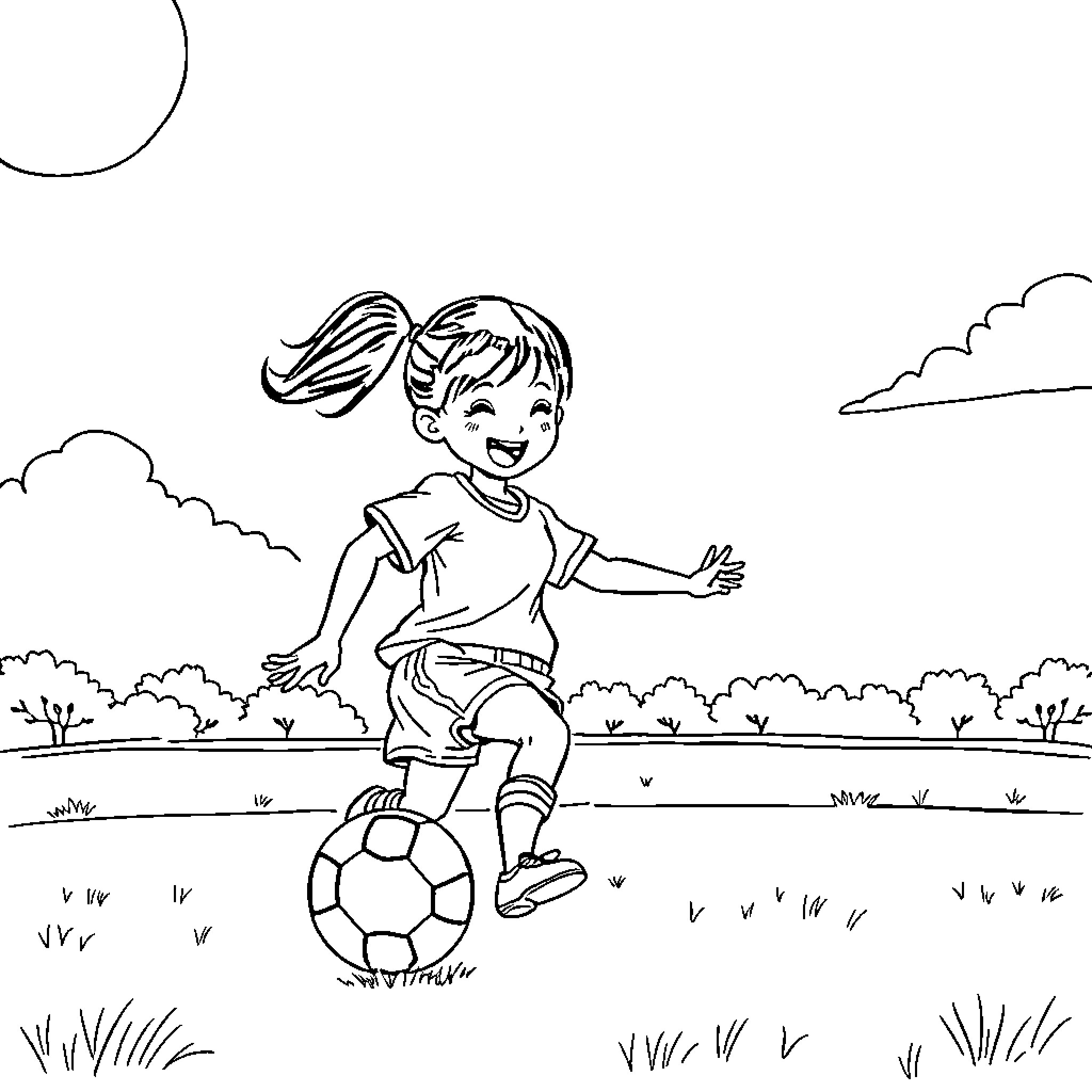 Girl playing happily with soccer ball in the park Coloring Page (free black-and-white line drawing printable PDF for all, from beginners to advanced learners, including children, teens, adults, and seniors)